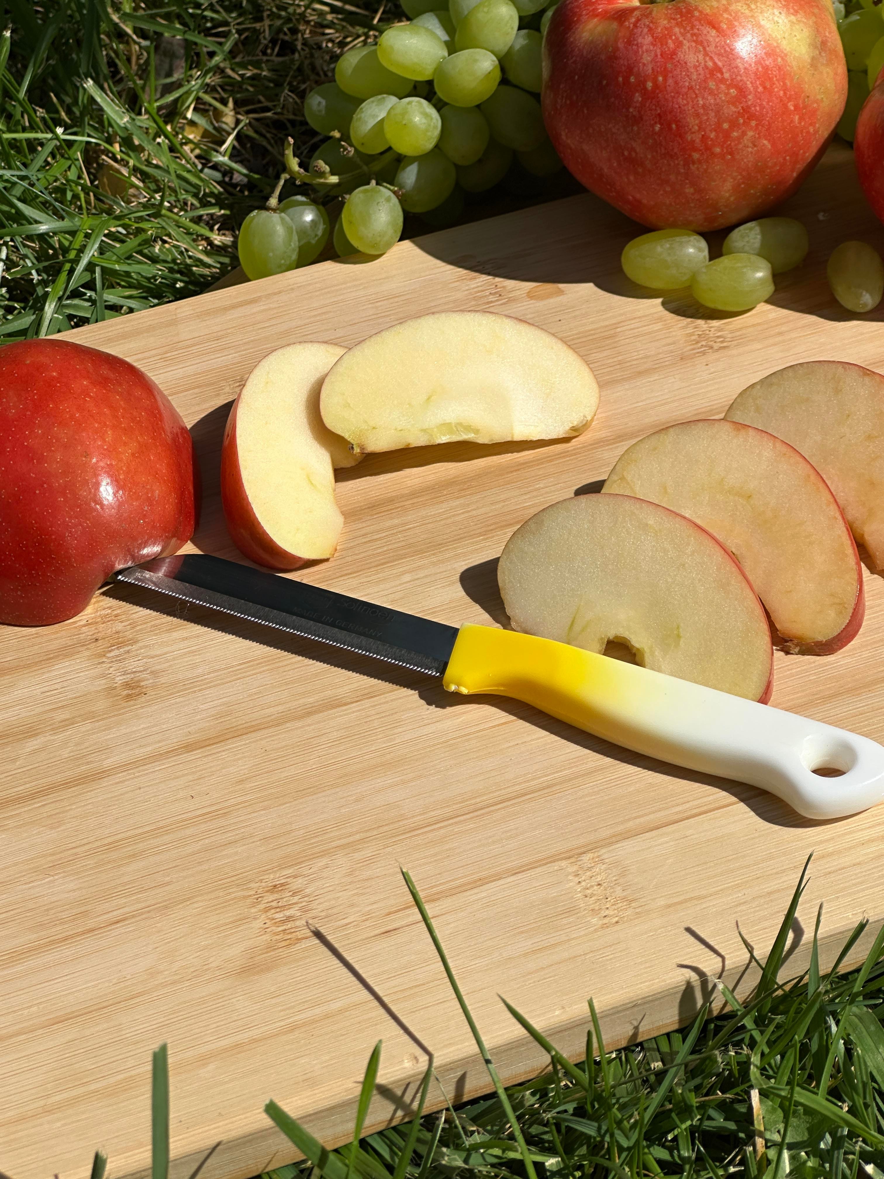 Solingen Ebruli Sarı Tırtıklı Meyve Bıçağı – 18,5 cm, Paslanmaz Alman Çeliği, Ergonomik Sap (Tekli)