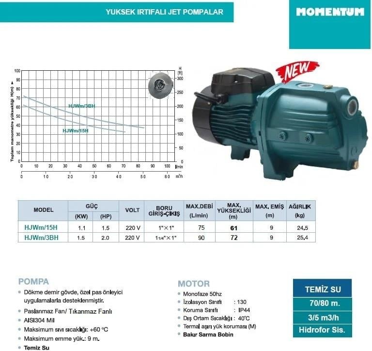 HJWm/15H 1.5 HP Yüksek İrtifalı Jet Pompa