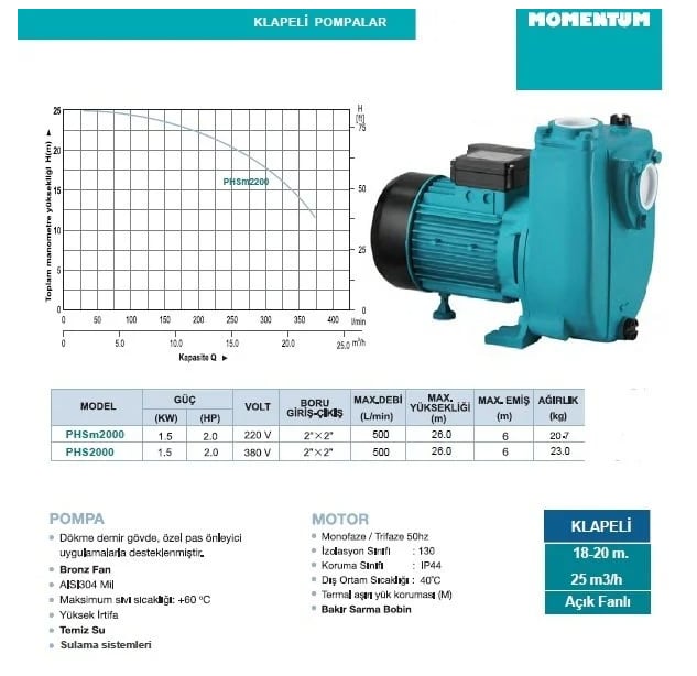 PHSm2000 2 HP Açık Fanlı Klapeli Endüstriyel Pompa