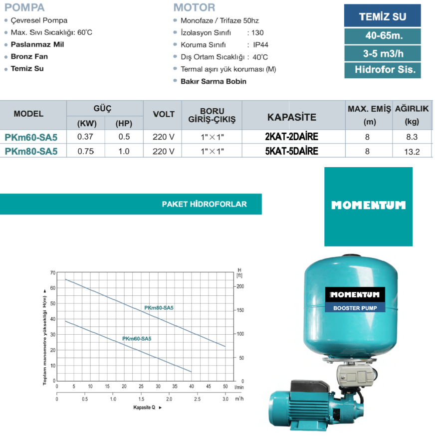 PKM60-SA5 0.5 HP Bronz Fanlı Çevresel Pompa Paket Hidrofor