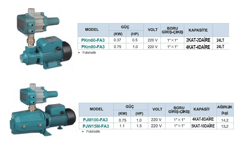 PKM80-FA3 1 HP Flusmatikli Sürtme Fanlı Paket Hidrofor