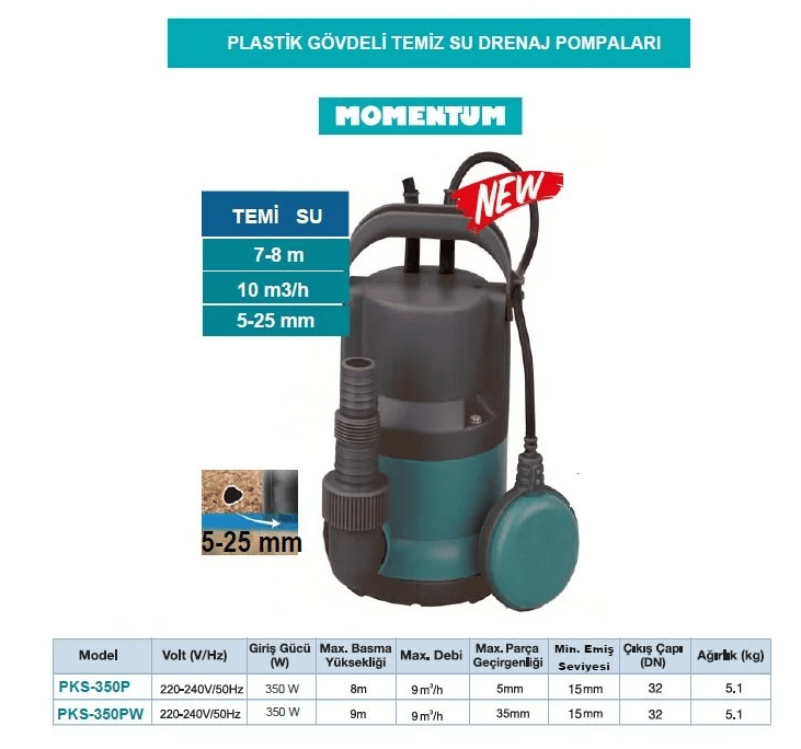 PKS-350P 400W Plastik Gövdeli Temiz Su Drenaj Pompası