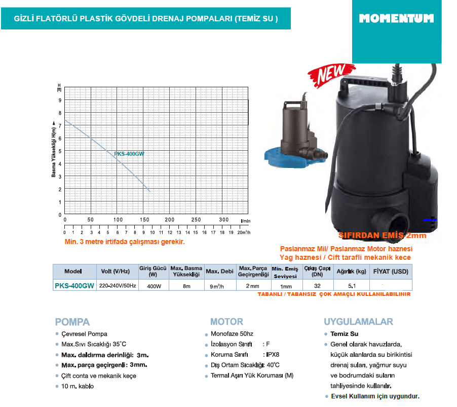 PKS-400GW 400W Gizli Flatörlü Sıfırdan Emişli Temiz Su Drenaj Pompası