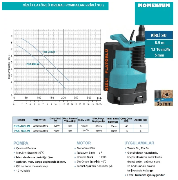 PKS-750LW 750W Gizli Flatörlü Kirli Su Drenaj Pompası