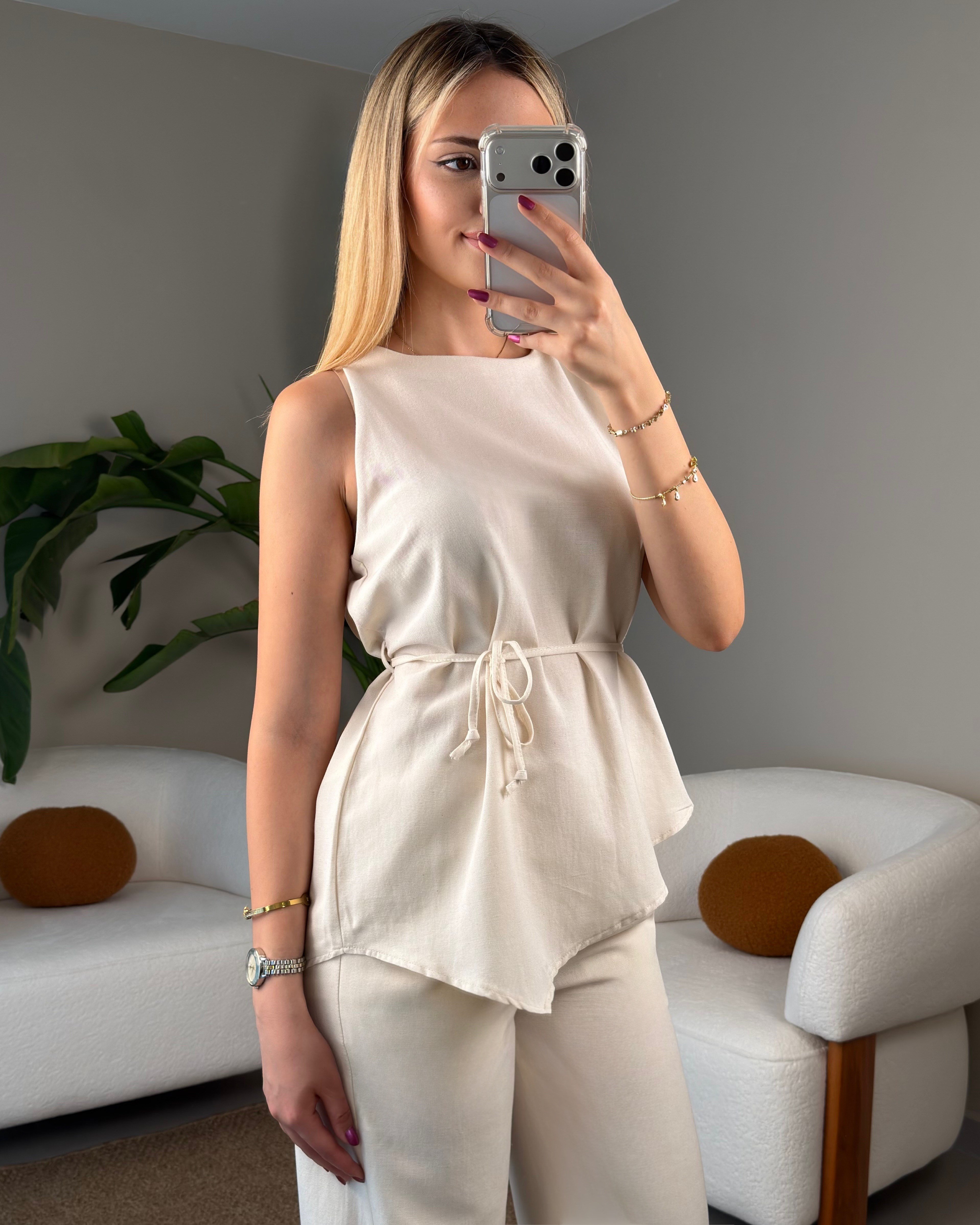 BEJ ASİMETRİK BLUZ&PANTOLON TAKIM
