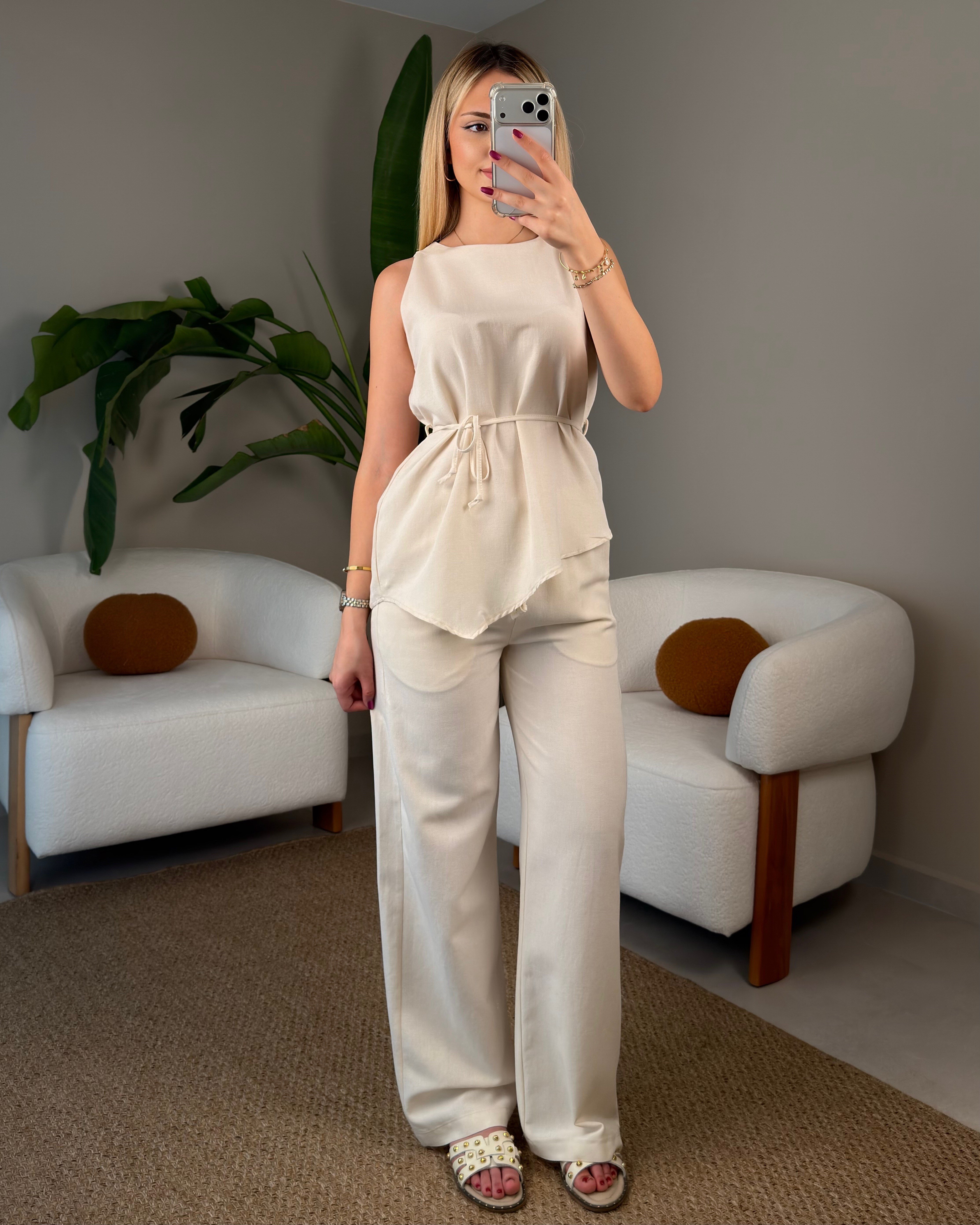 BEJ ASİMETRİK BLUZ&PANTOLON TAKIM