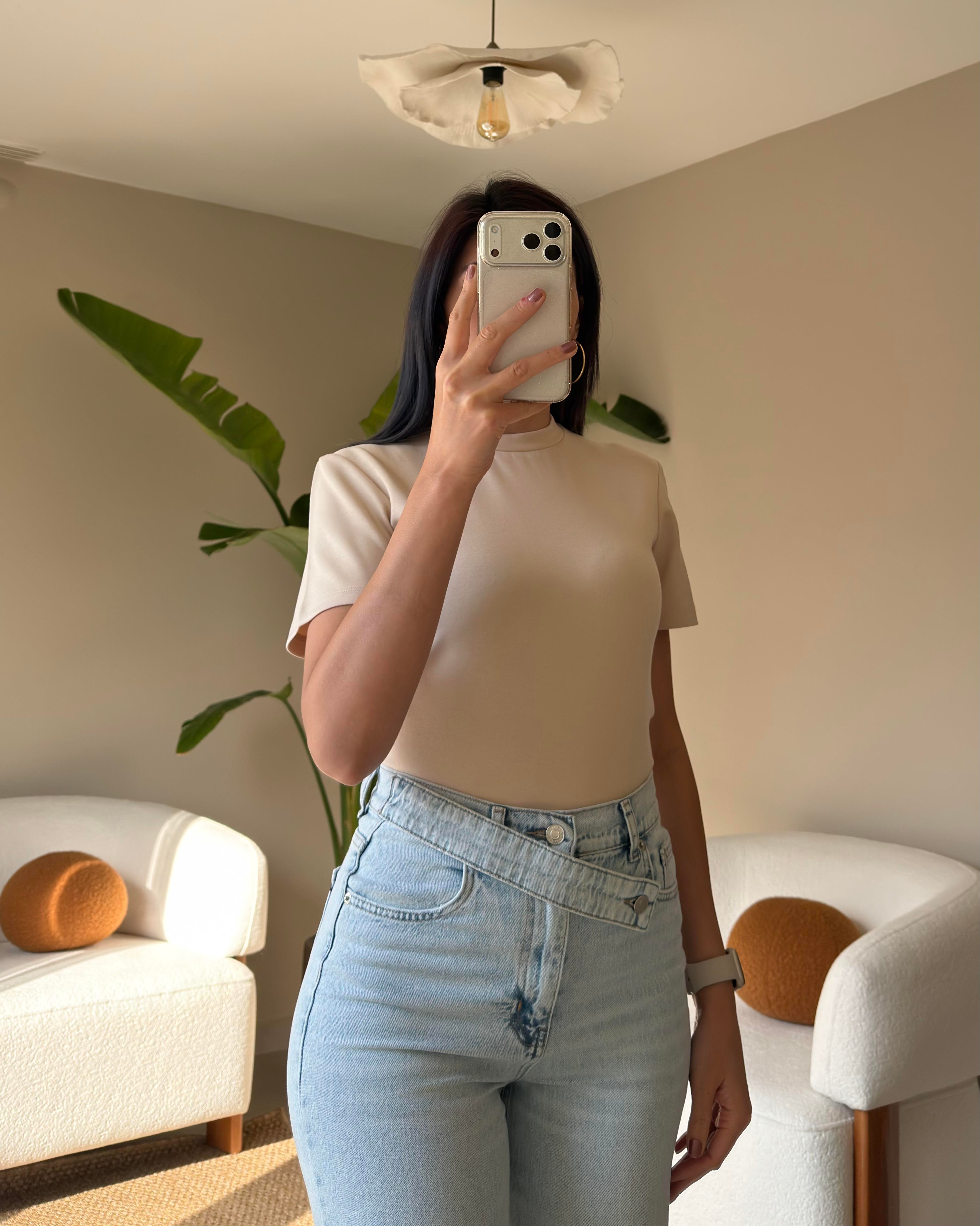 BEJ KISA KOLLU CROP TİŞÖRT