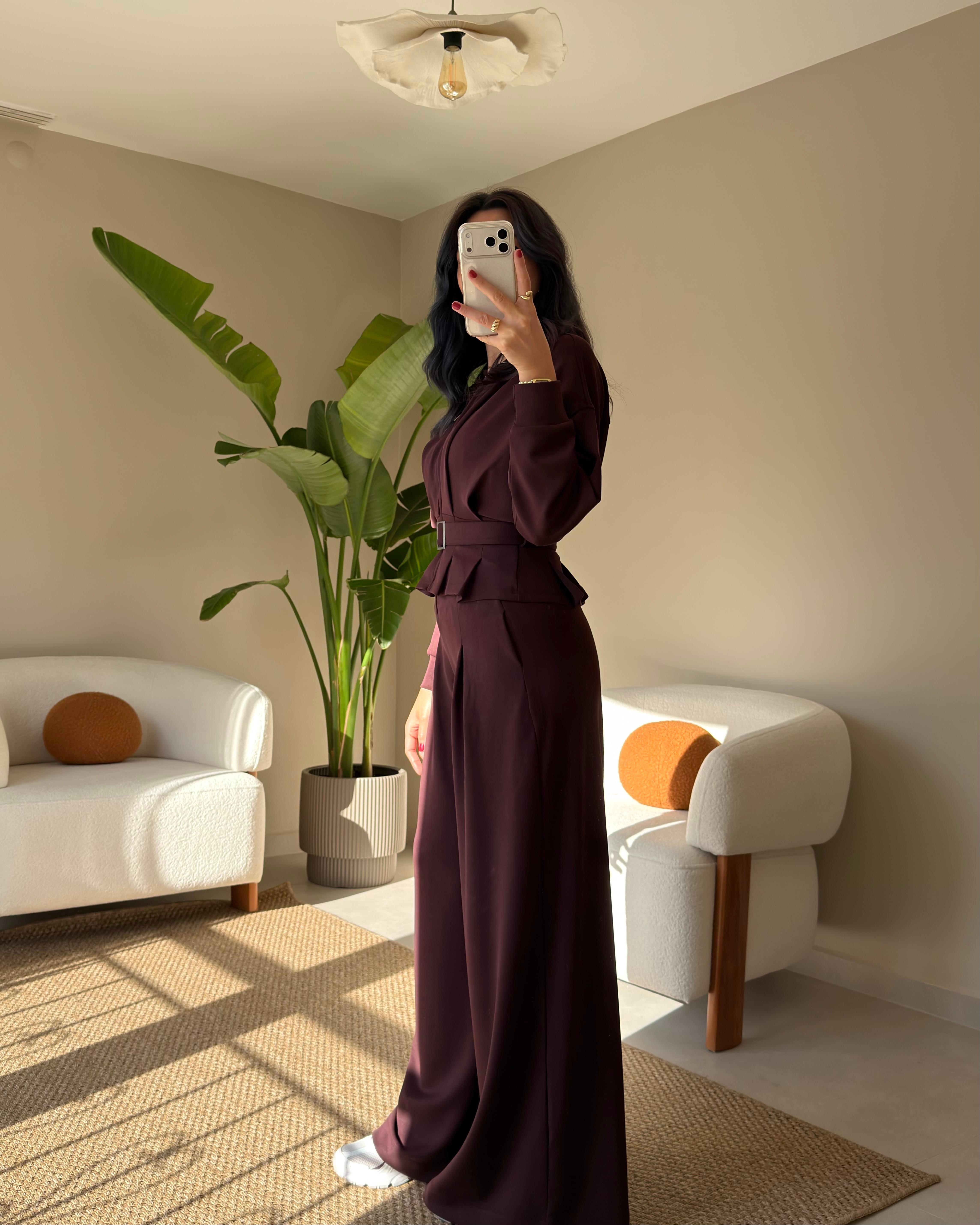 BORDO MODAL KUMAŞ KEMERLİ EŞOFMAN TAKIMI
