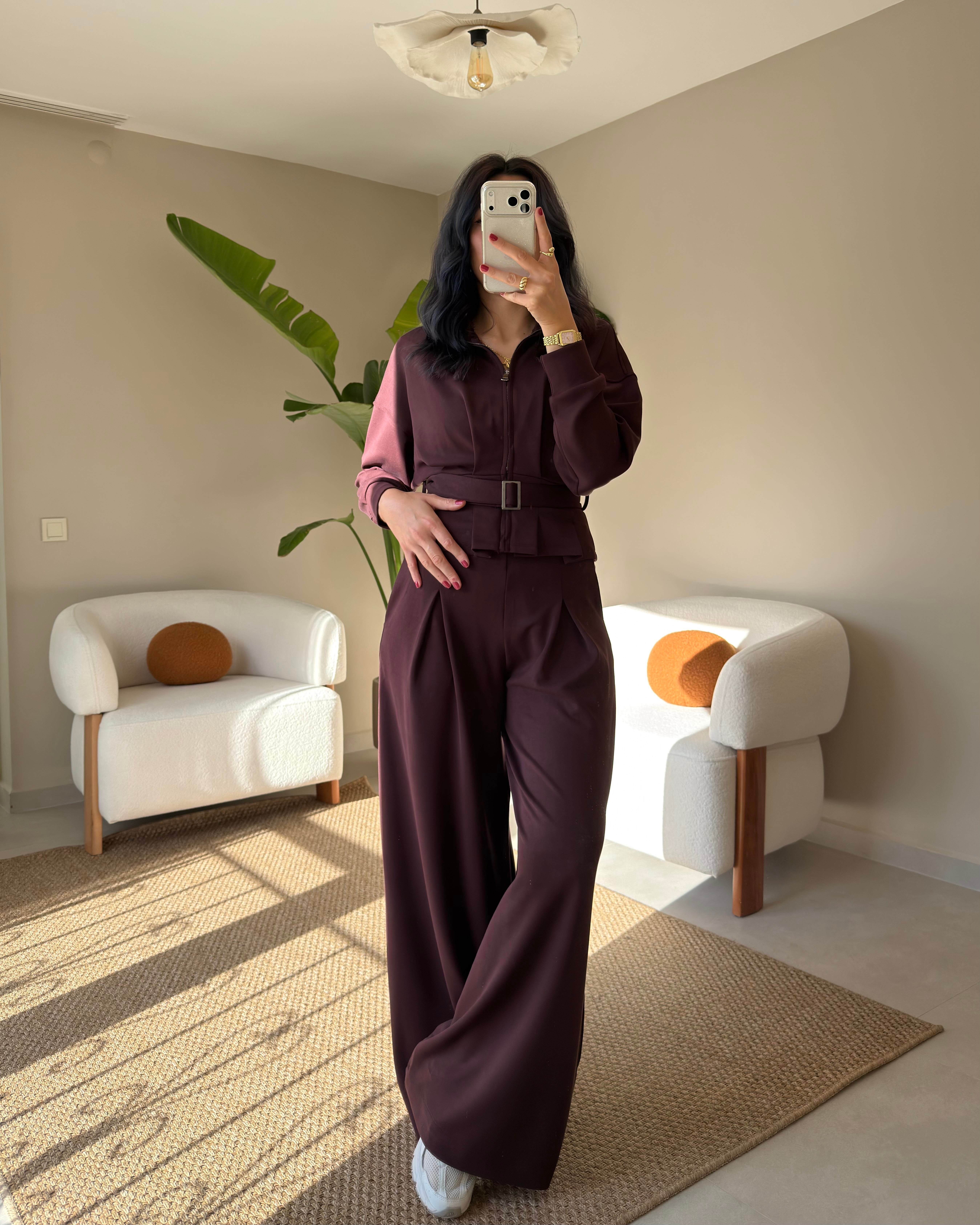 BORDO MODAL KUMAŞ KEMERLİ EŞOFMAN TAKIMI