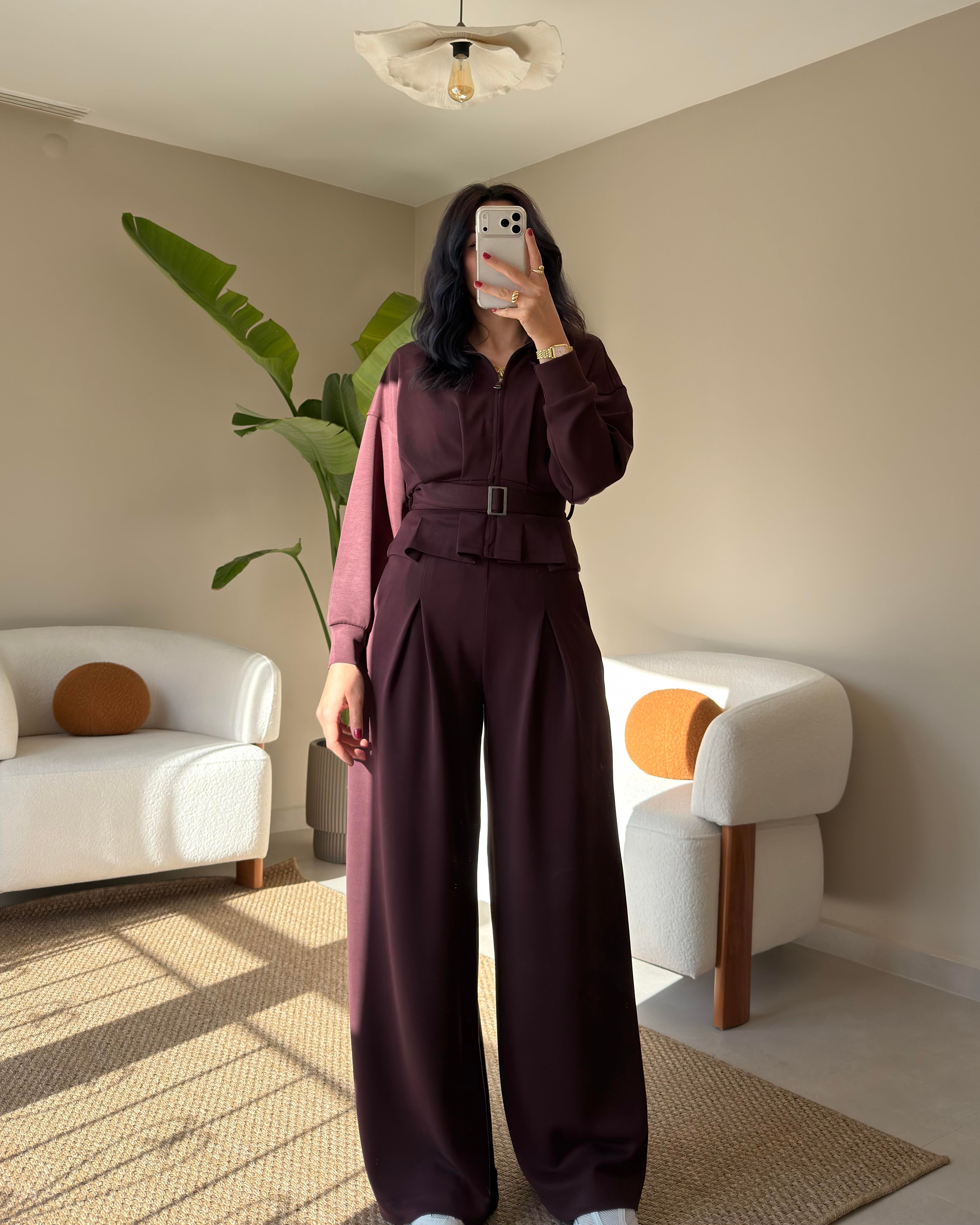 BORDO MODAL KUMAŞ KEMERLİ EŞOFMAN TAKIMI