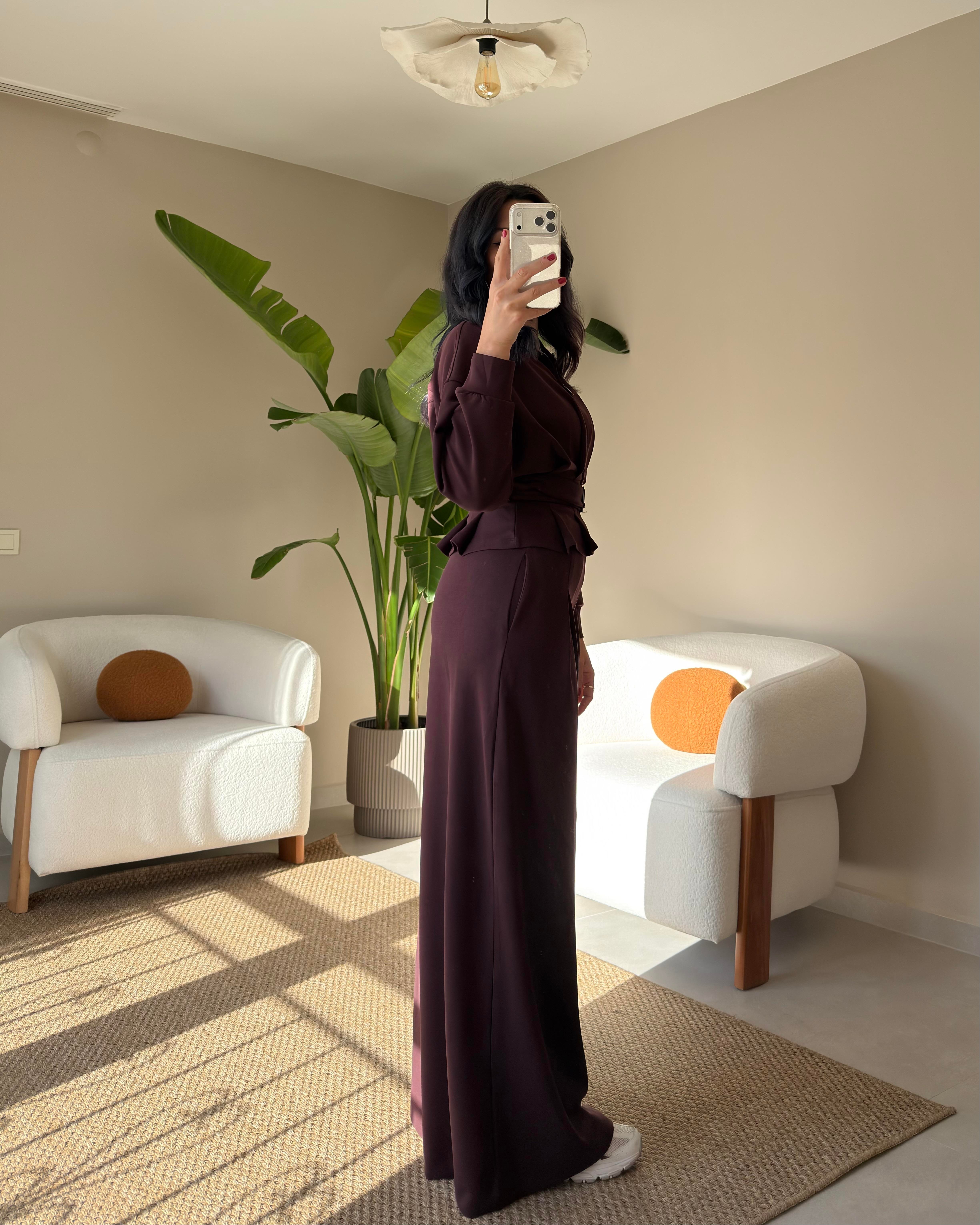 BORDO MODAL KUMAŞ KEMERLİ EŞOFMAN TAKIMI