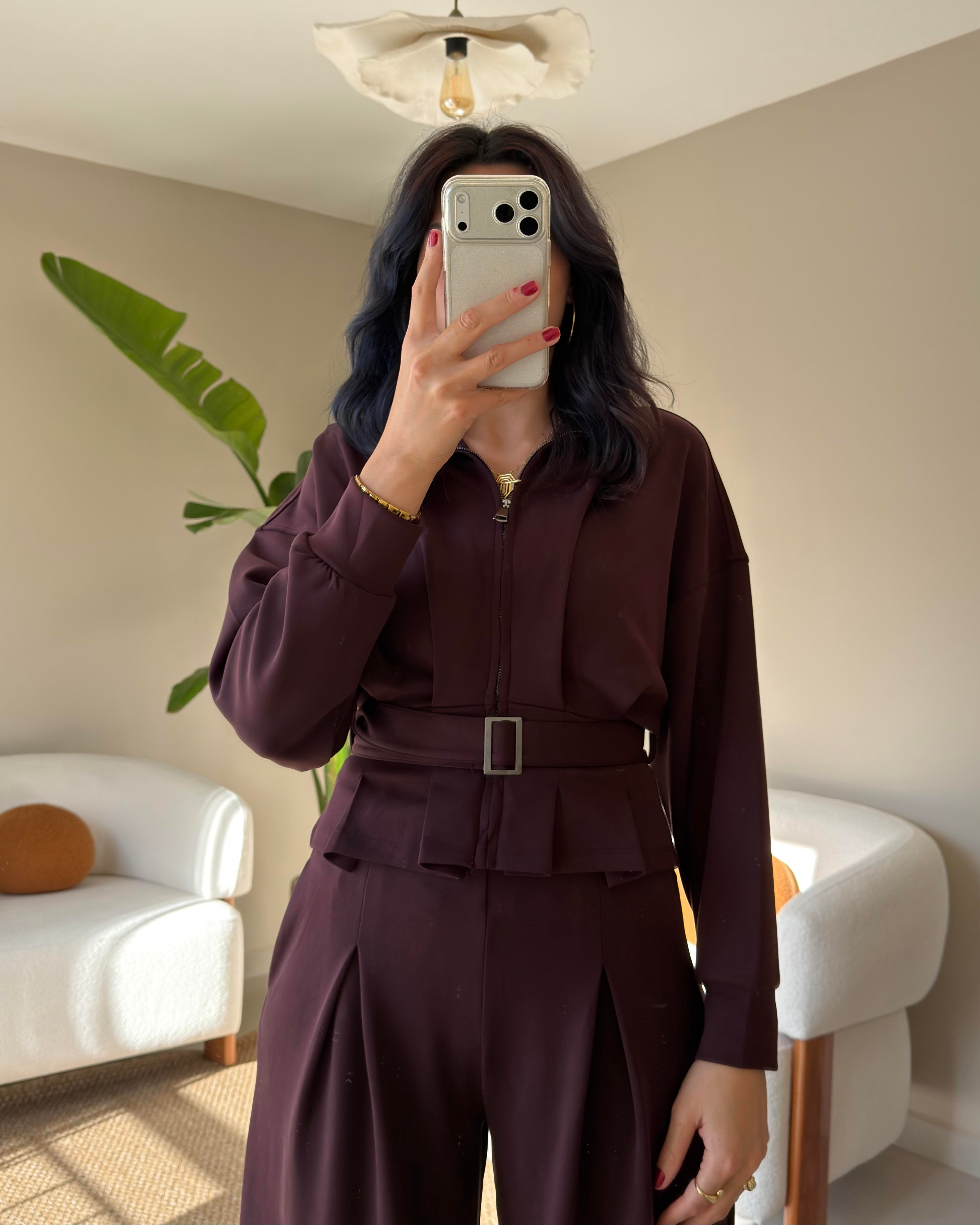 BORDO MODAL KUMAŞ KEMERLİ EŞOFMAN TAKIMI
