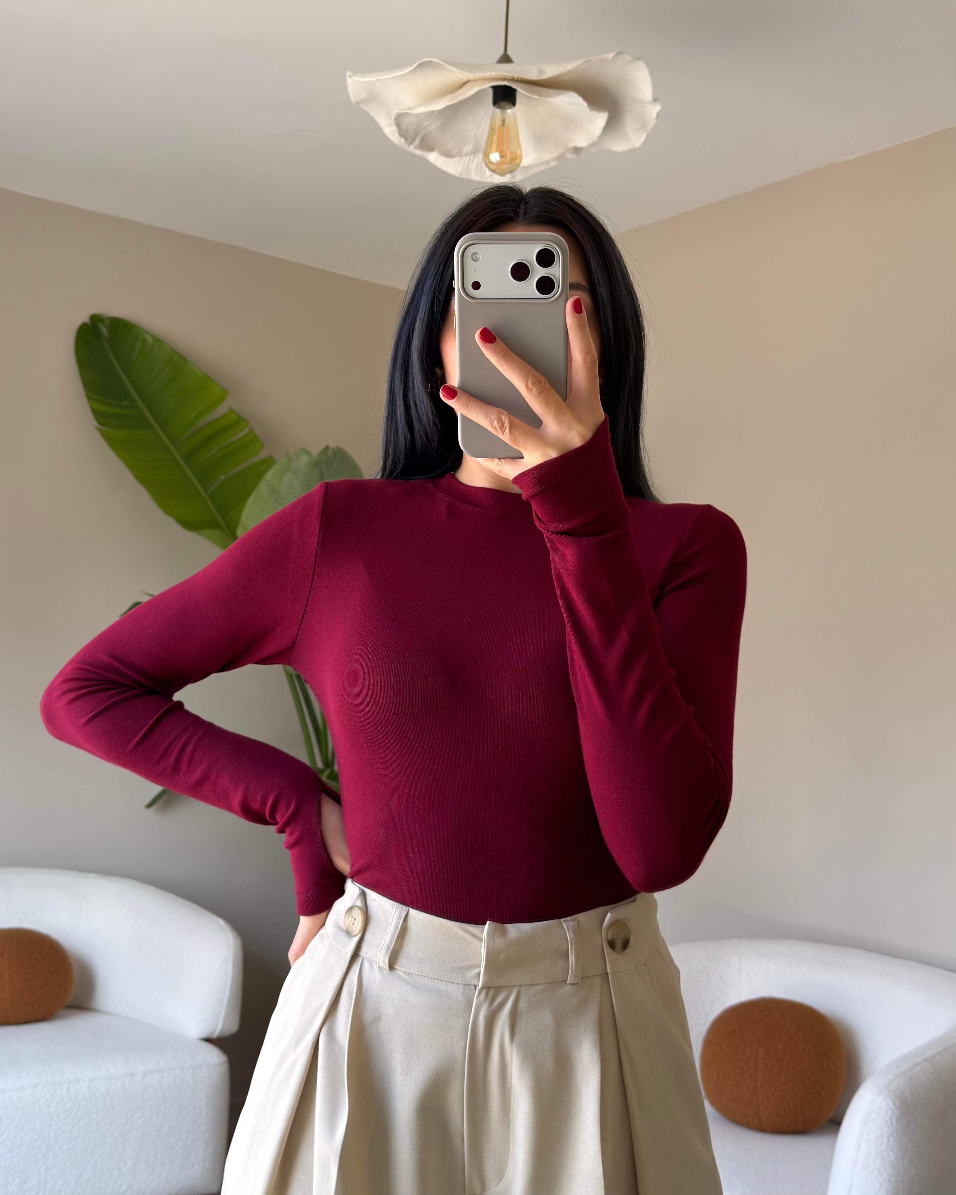 BORDO PARMAK GEÇMELİ BASİC BLUZ 
