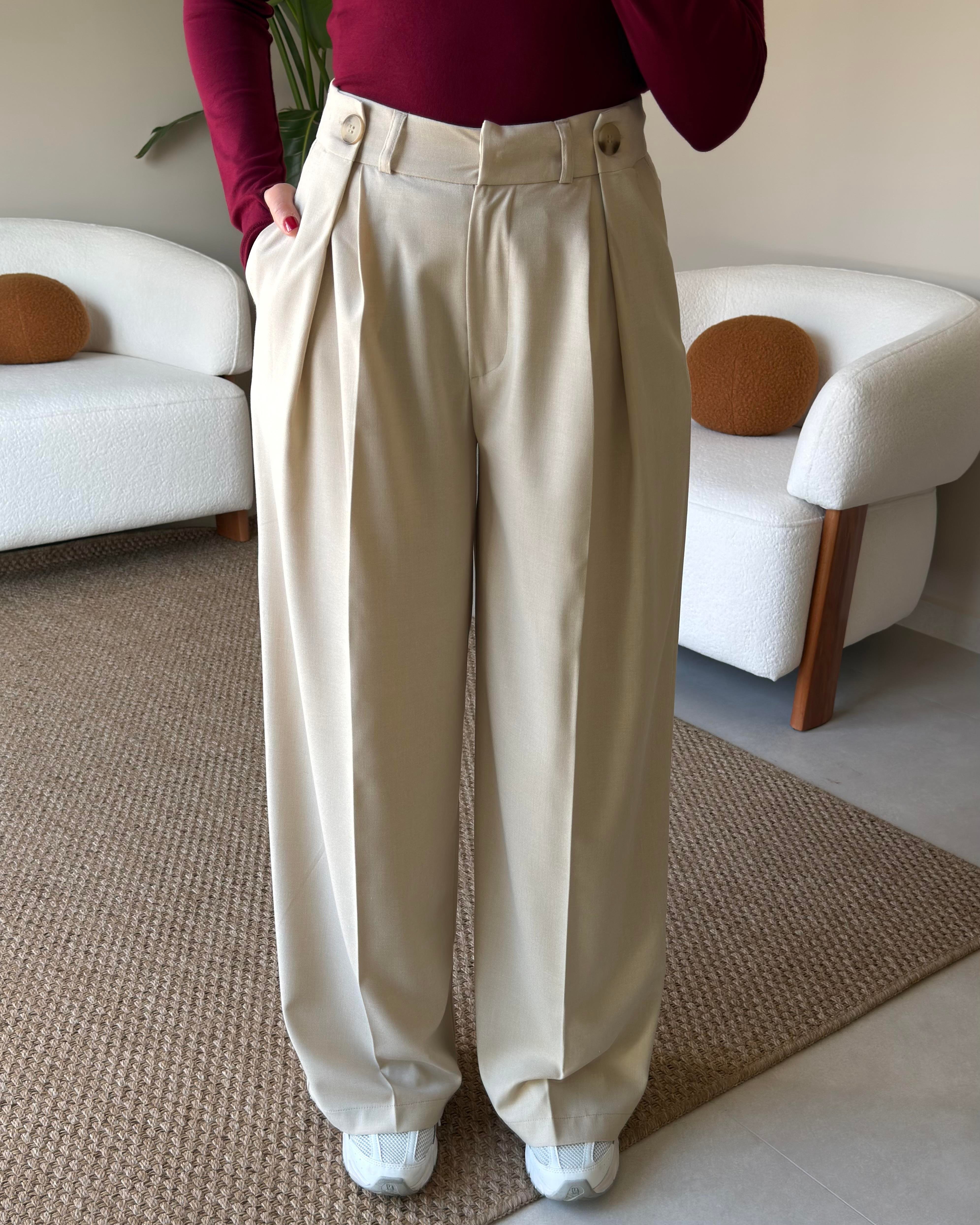 ÇİFT DÜĞME BEJ PİLELİ PANTOLON 