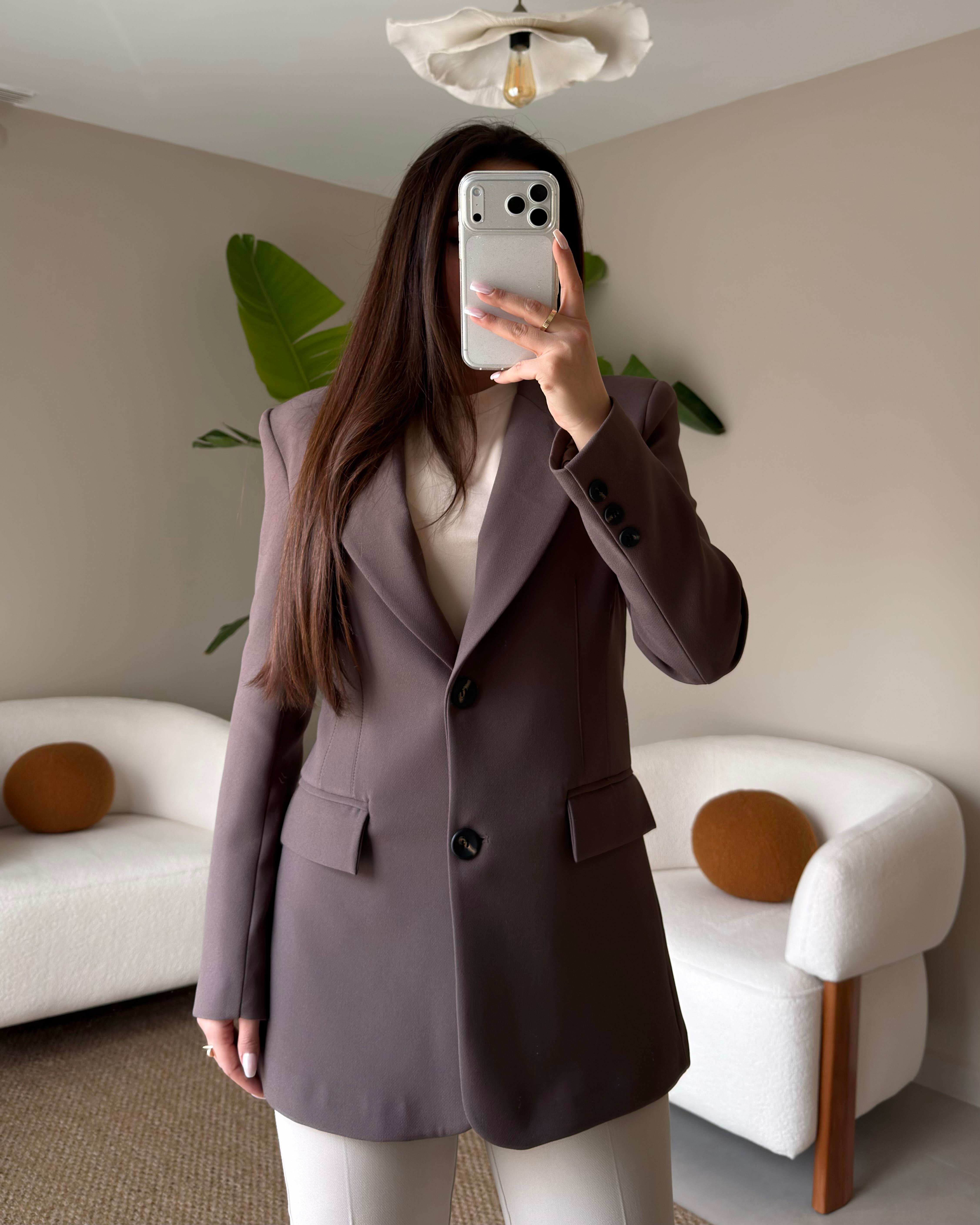 KAHVE BELDEN OTURTMALI BLAZER
