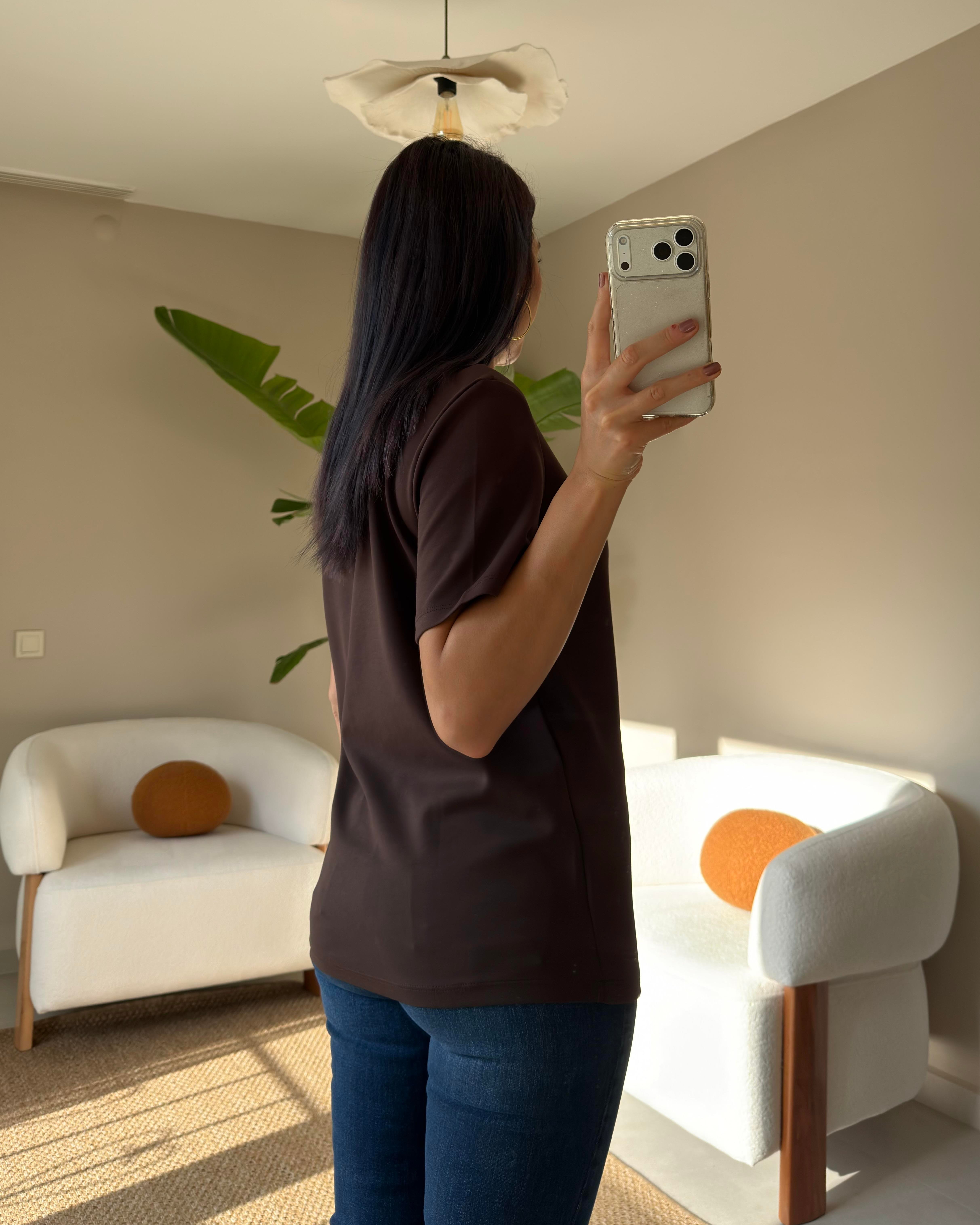 KAHVE BİSİKLET YAKALI OVERSİZE TİŞÖRT