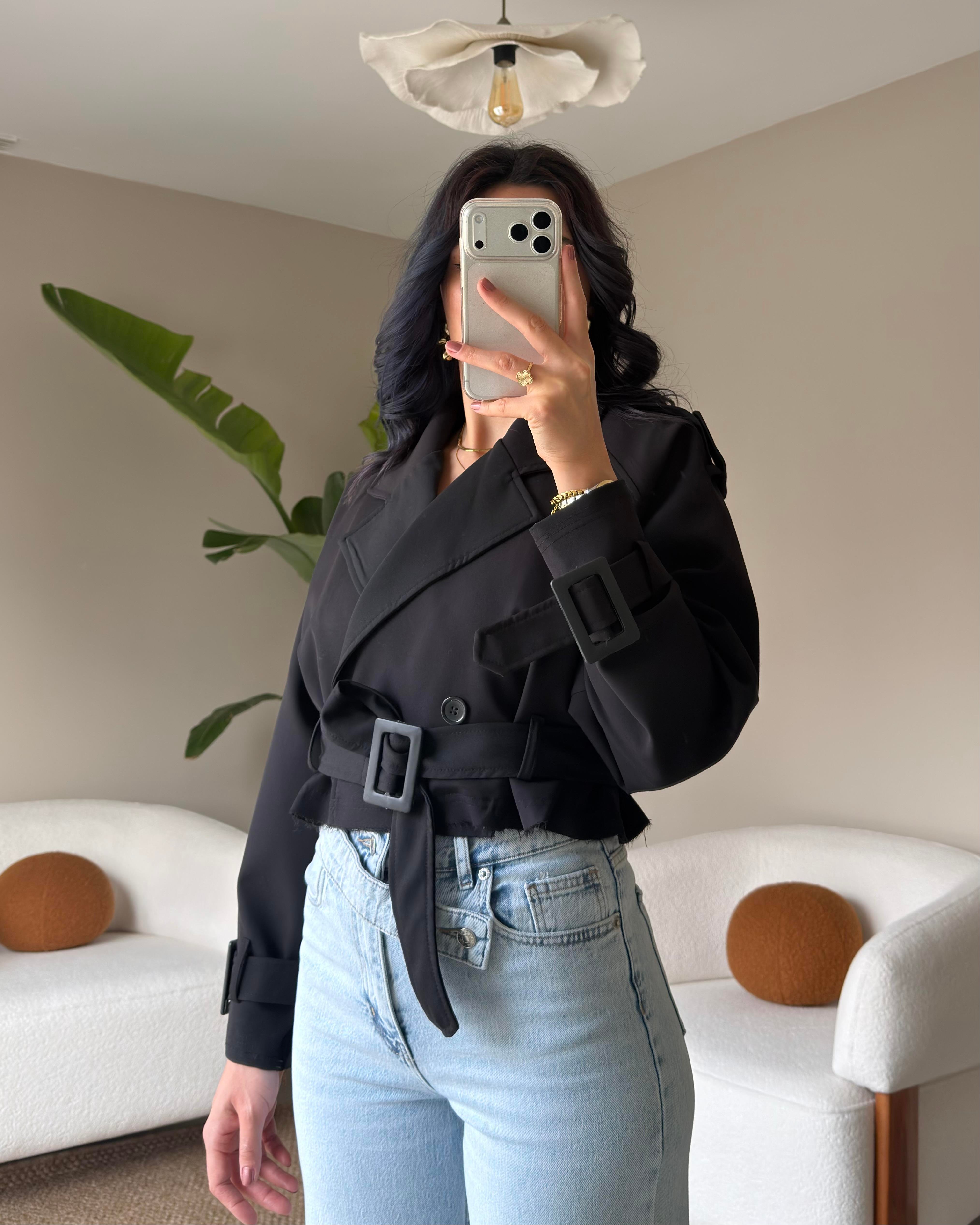 SİYAH CROP TRENÇ
