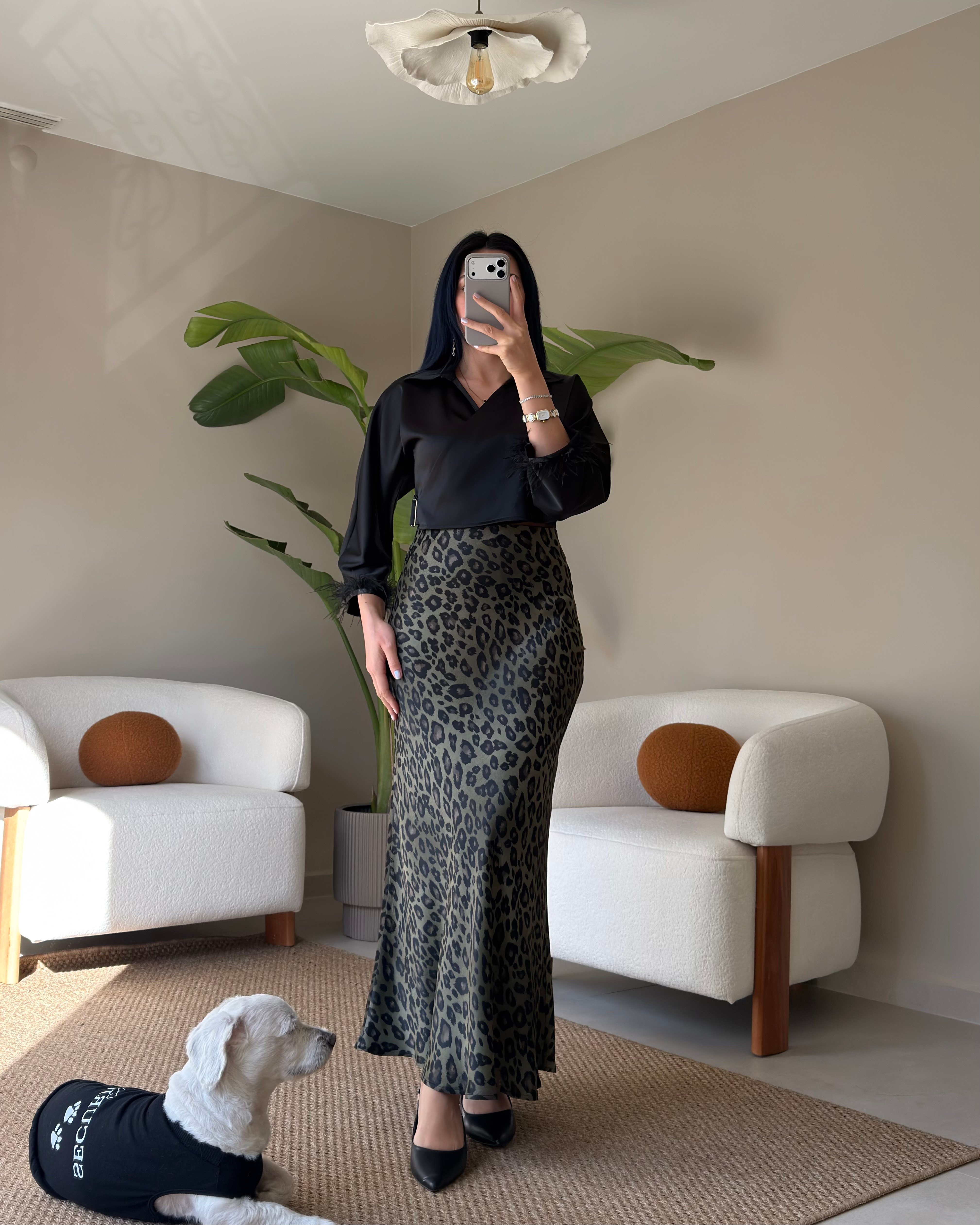 YEŞİL LEOPAR SATEN ETEK