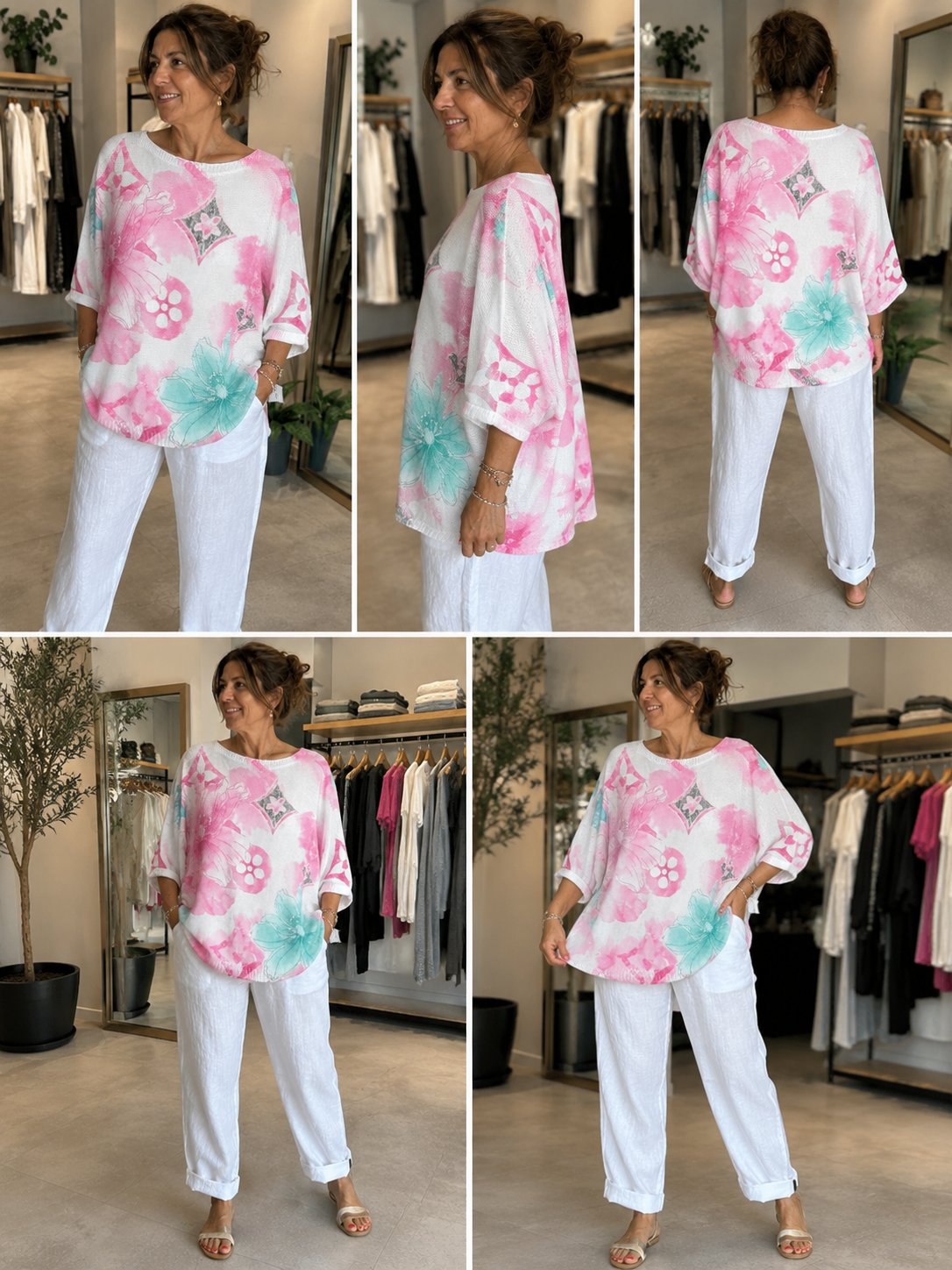 İtalyan Floral Desen Merserize Bluz