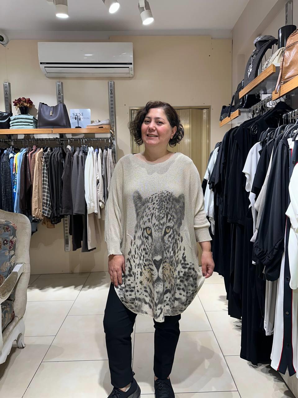 Leopar Desenli Pamuklu Merserize Oversize Bluz