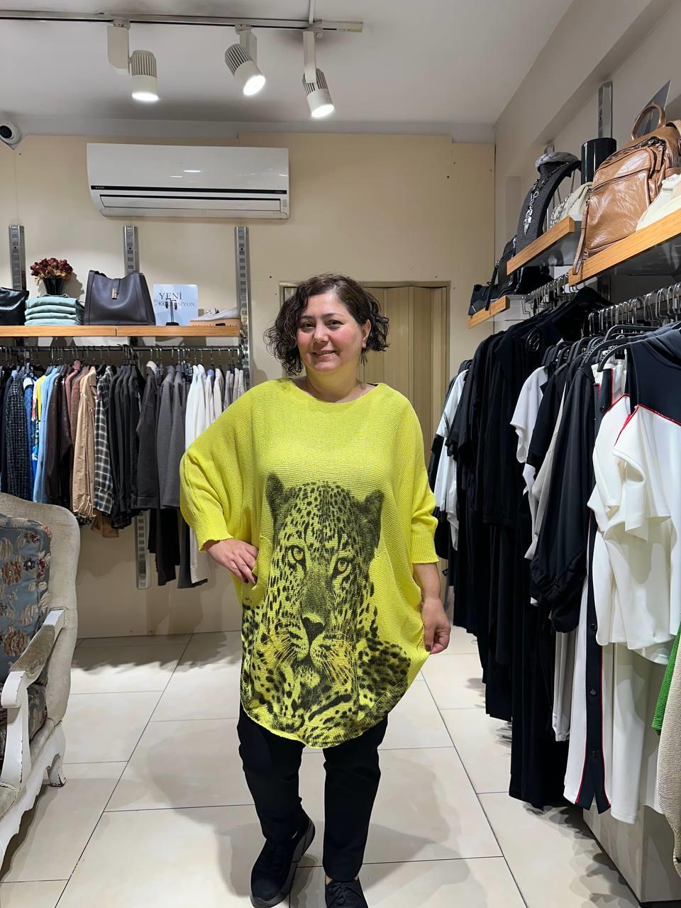 Leopar Desenli Pamuklu Merserize Oversize Bluz
