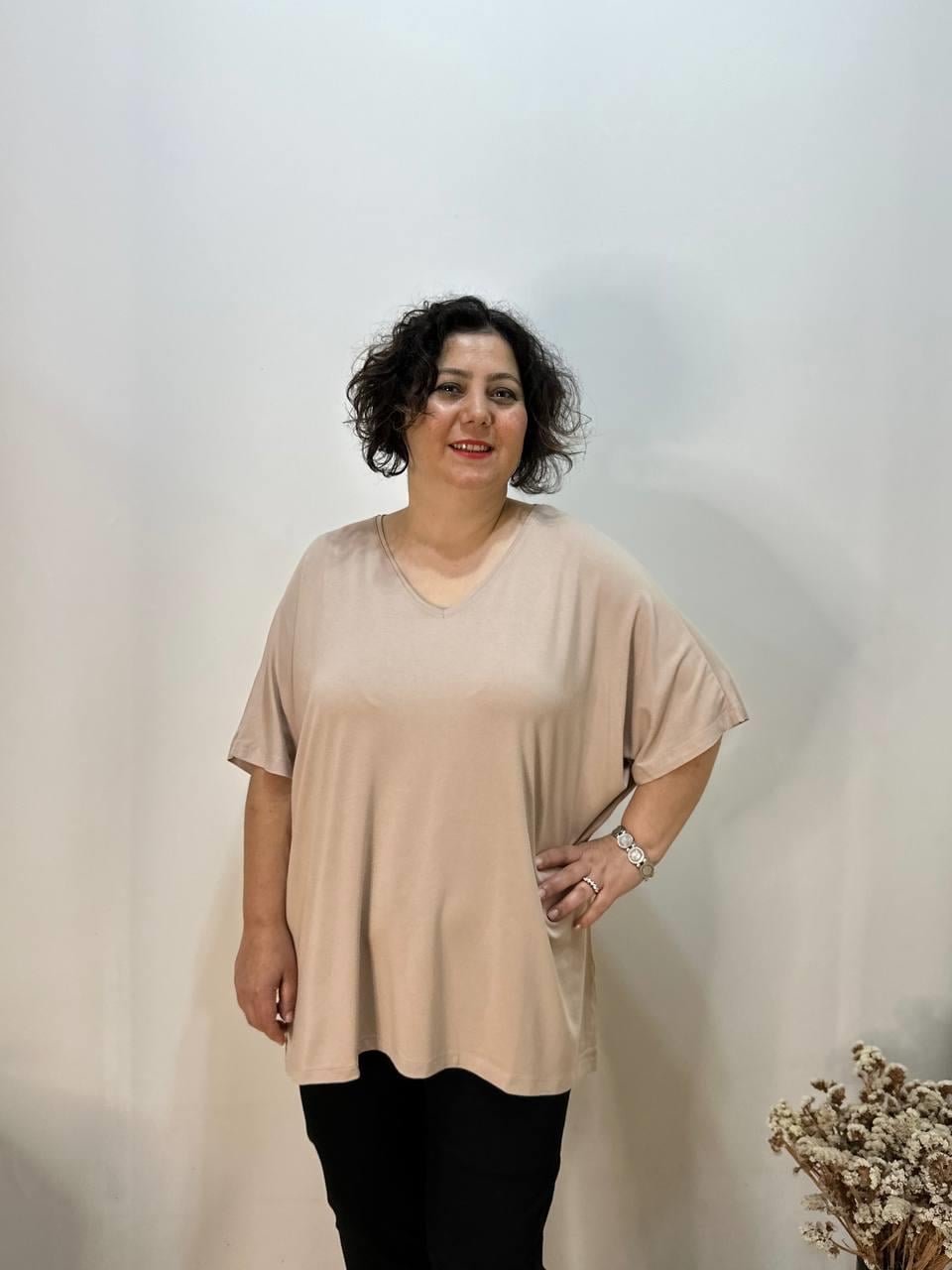 Oversize  V Yaka Likralı Viskon Bluz 