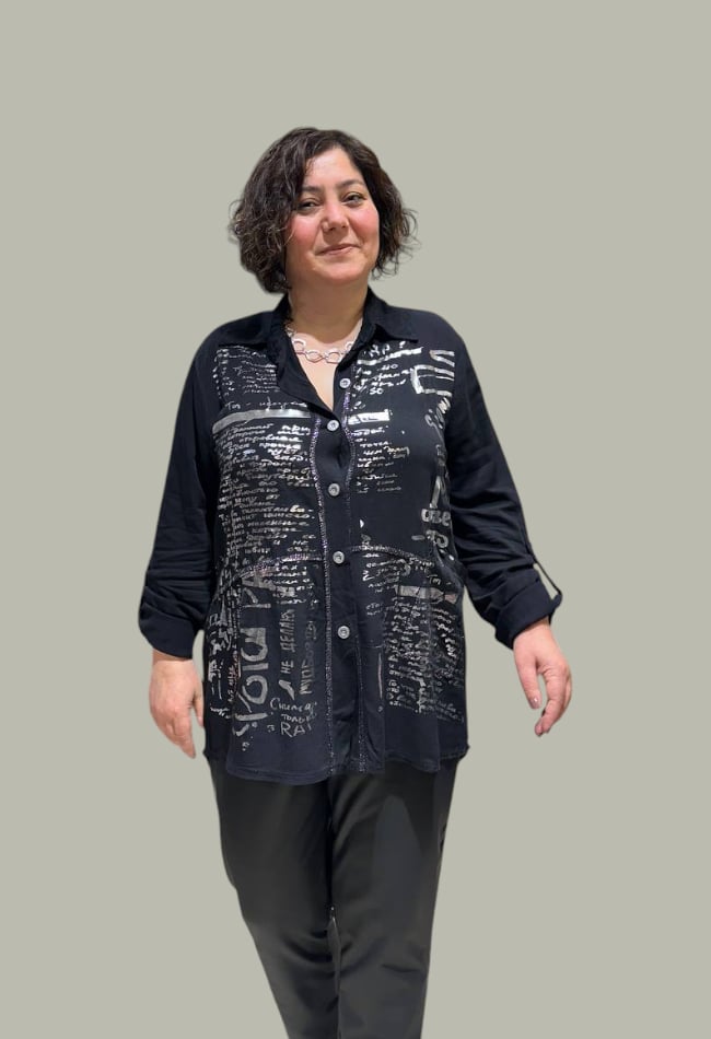 Varak Yazı Baskılı Oversize Gömlek