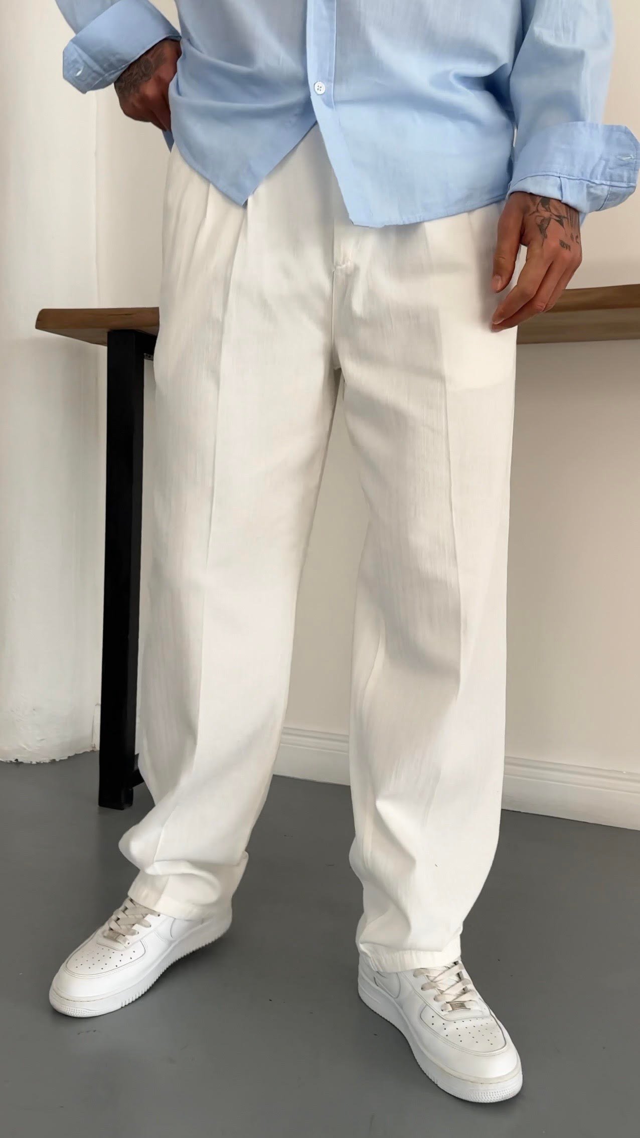 Baggy Çizgi Desen Kemerli Pamuk Pantolon