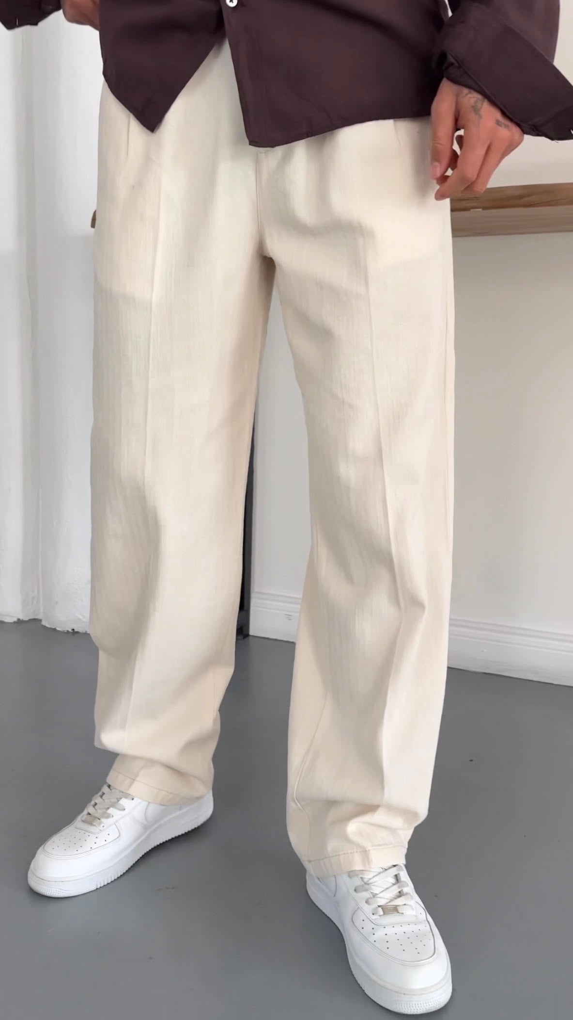 Baggy Çizgi Desen Pamuk Kemerli Pantolon