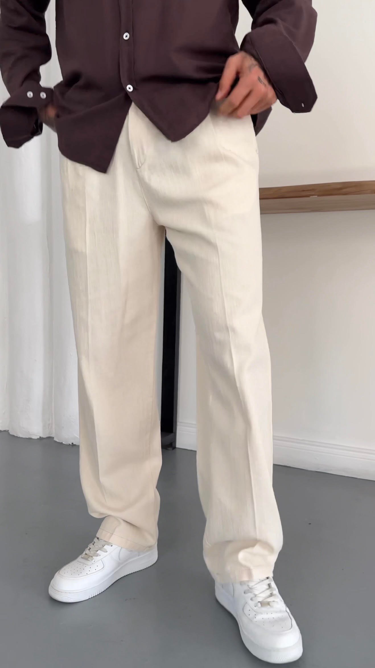 Baggy Çizgi Desen Pamuk Kemerli Pantolon