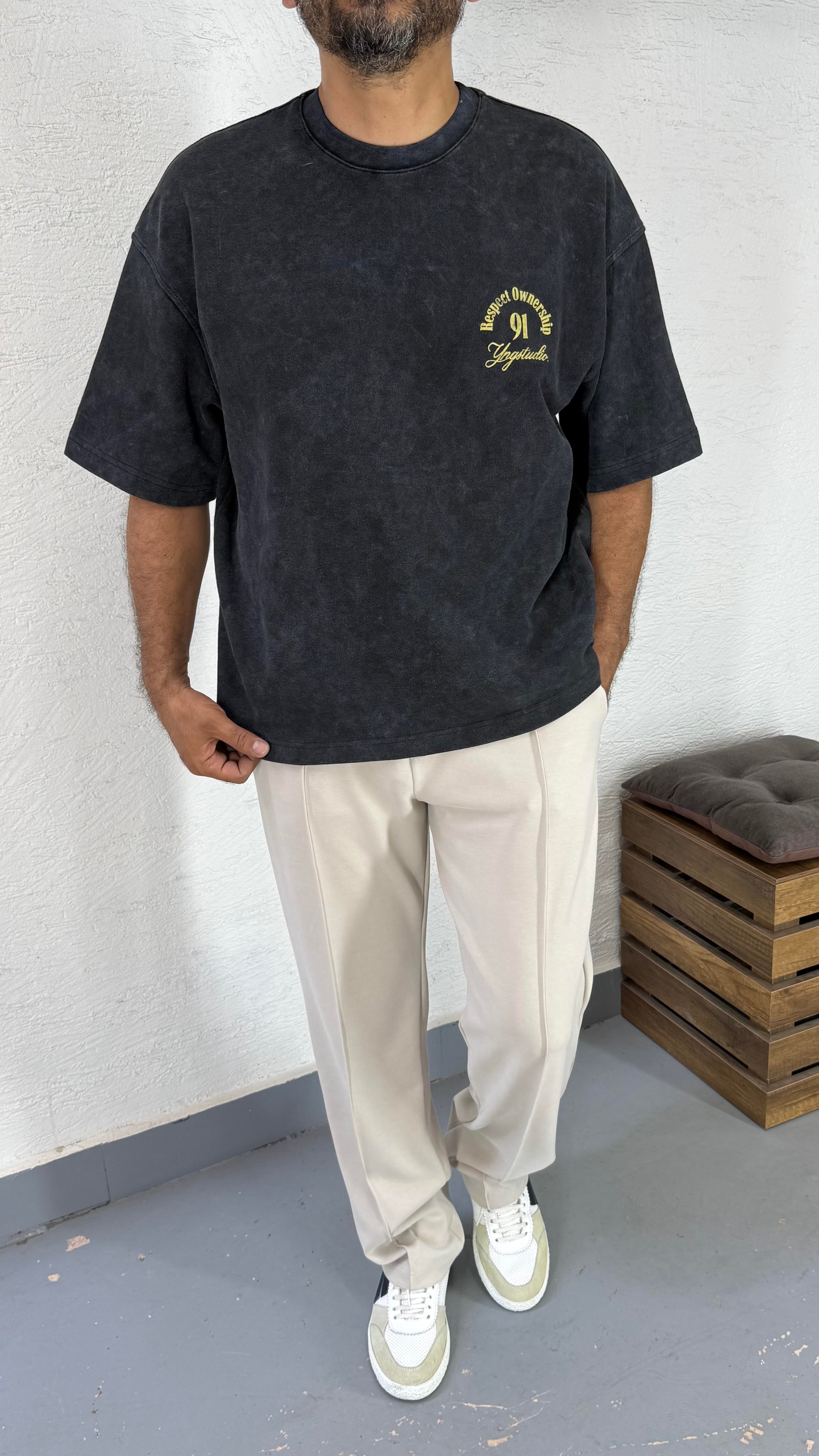 Boxy Fit Yıkamalı Baskı Detay Tshirt