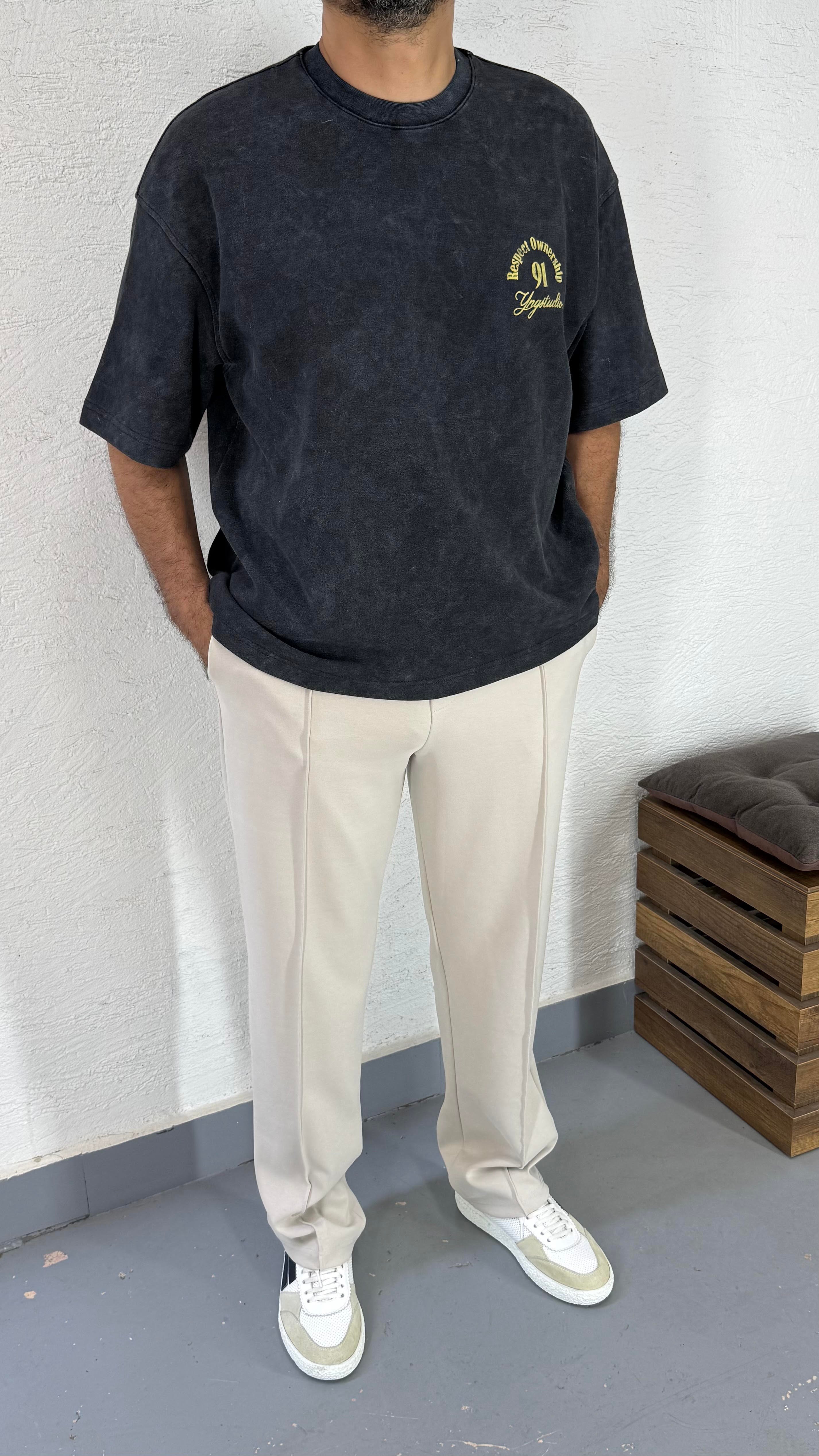 Boxy Fit Yıkamalı Baskı Detay Tshirt