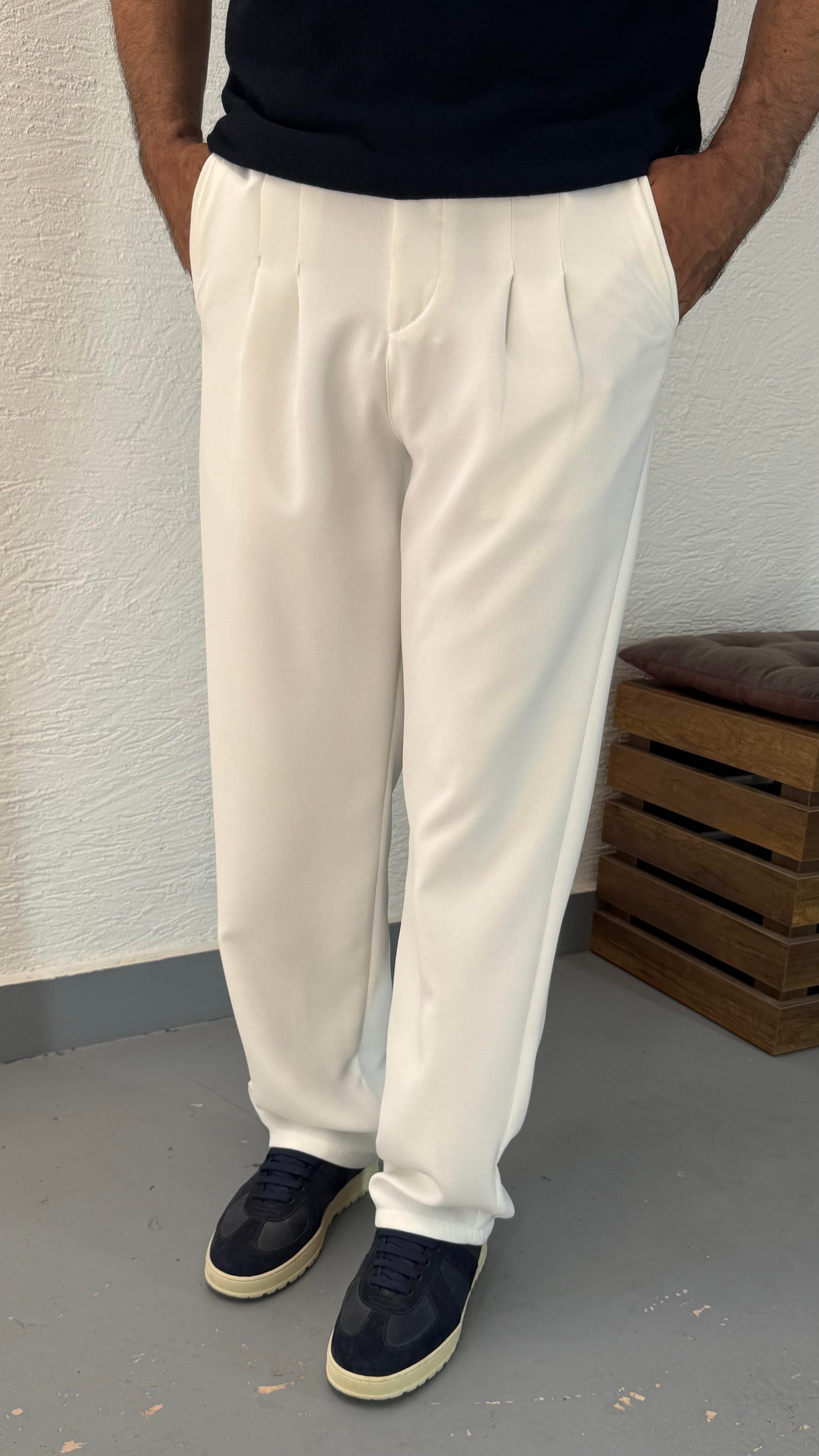 Çift Pile Baggy Beyaz Pantolon