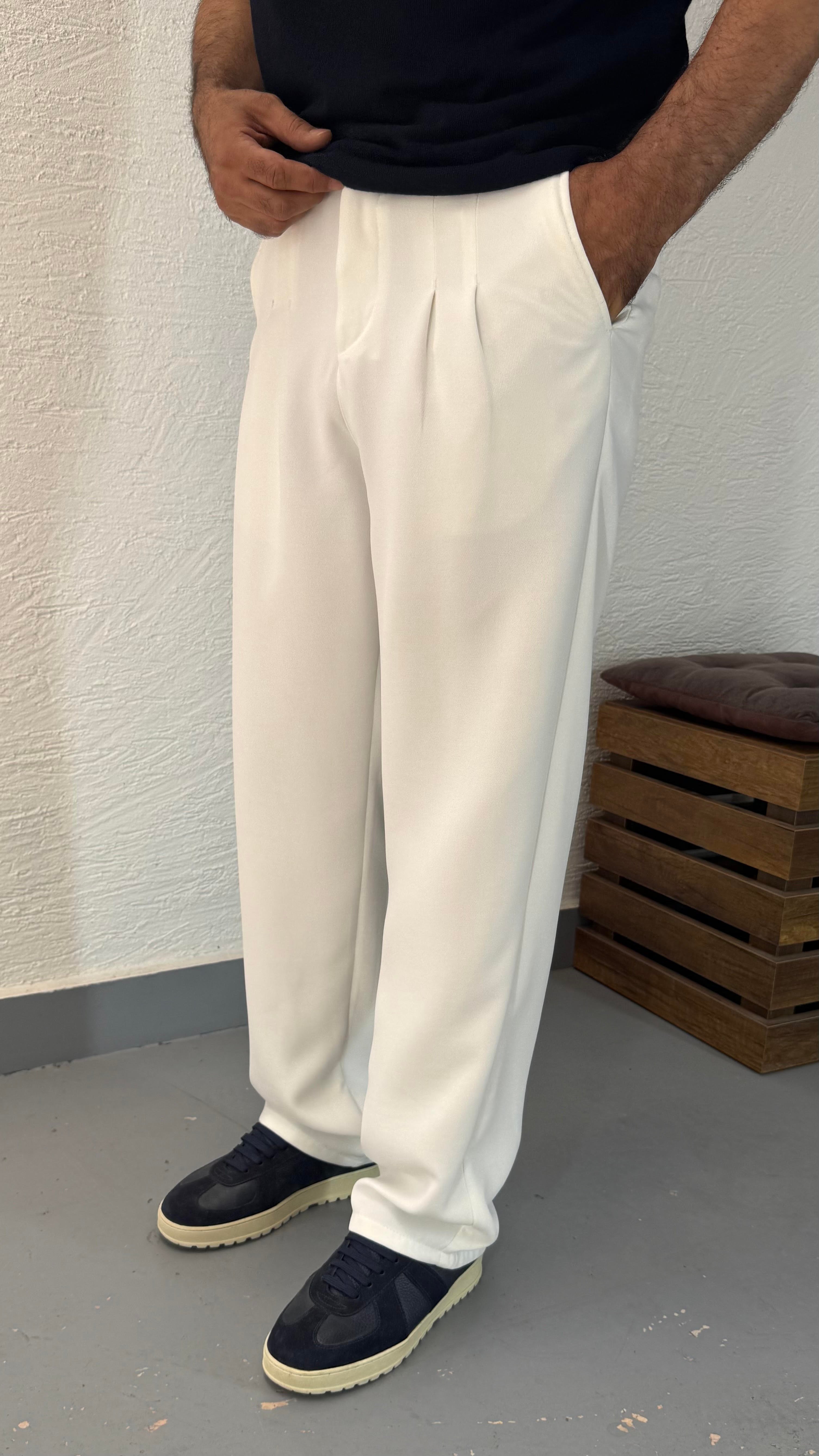 Çift Pile Baggy Beyaz Pantolon
