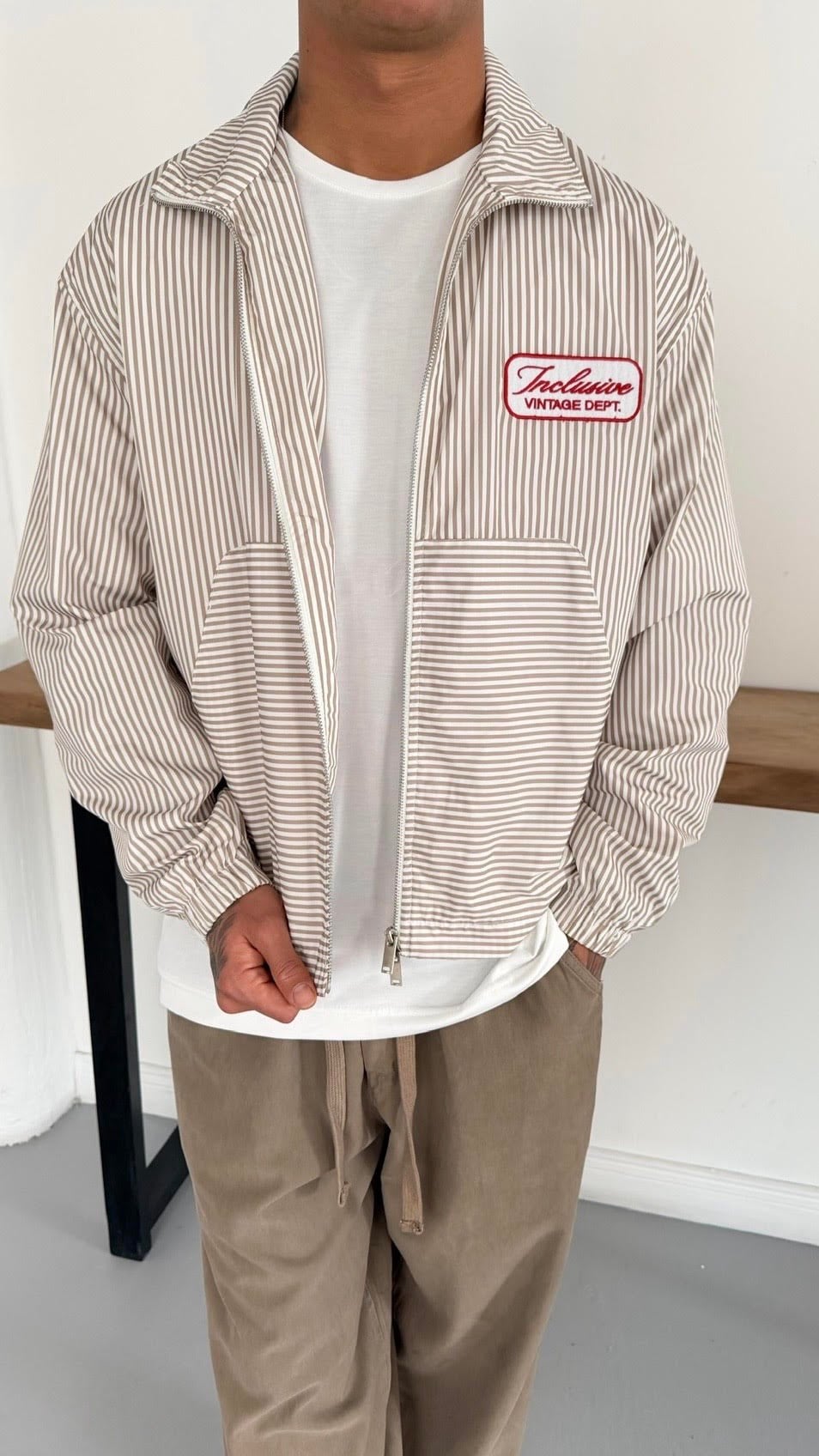 Çizgili Çift Fermuarlı Oversize Ceket