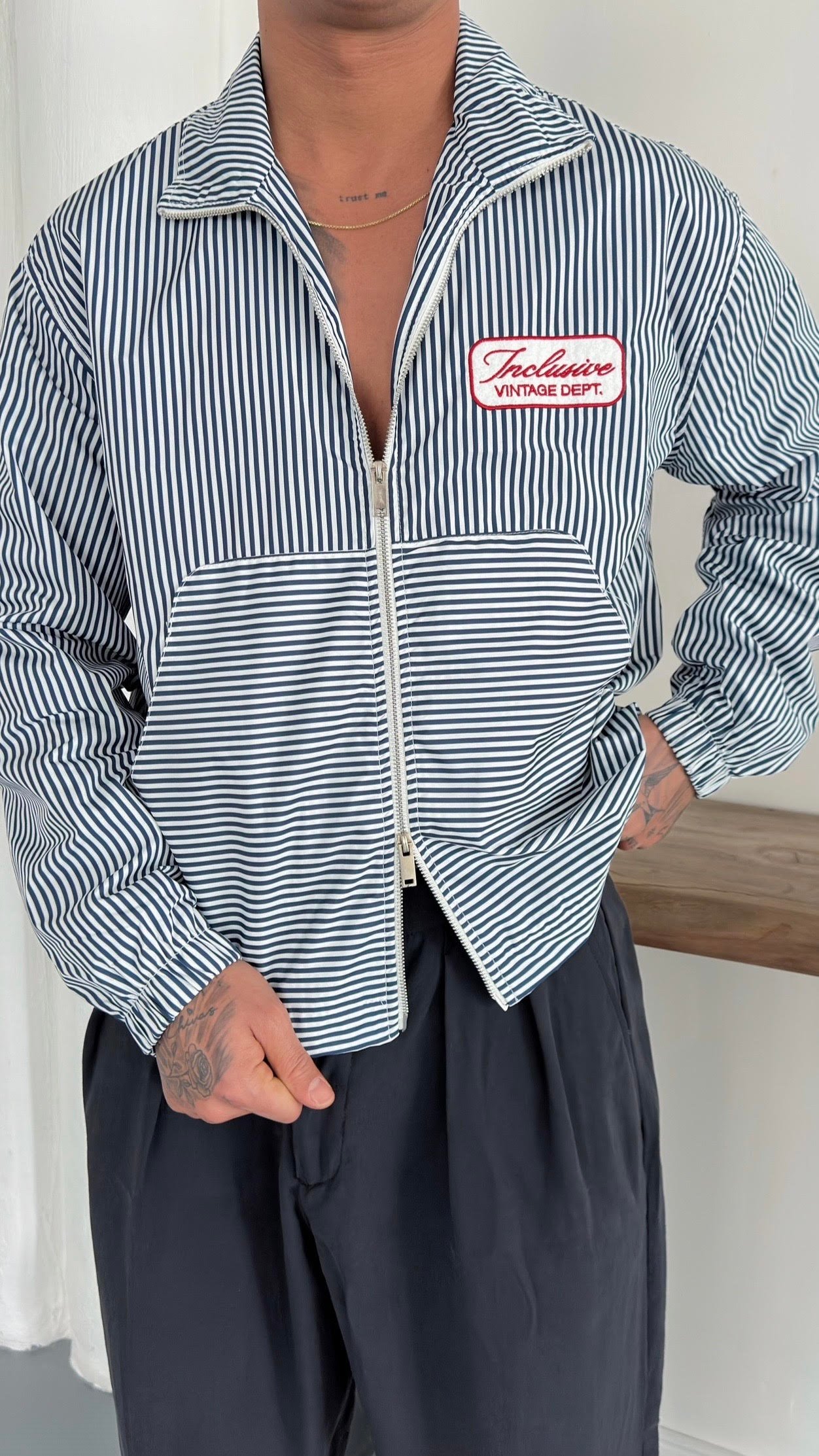 Çizgili Çift Fermuarlı Oversize Ceket
