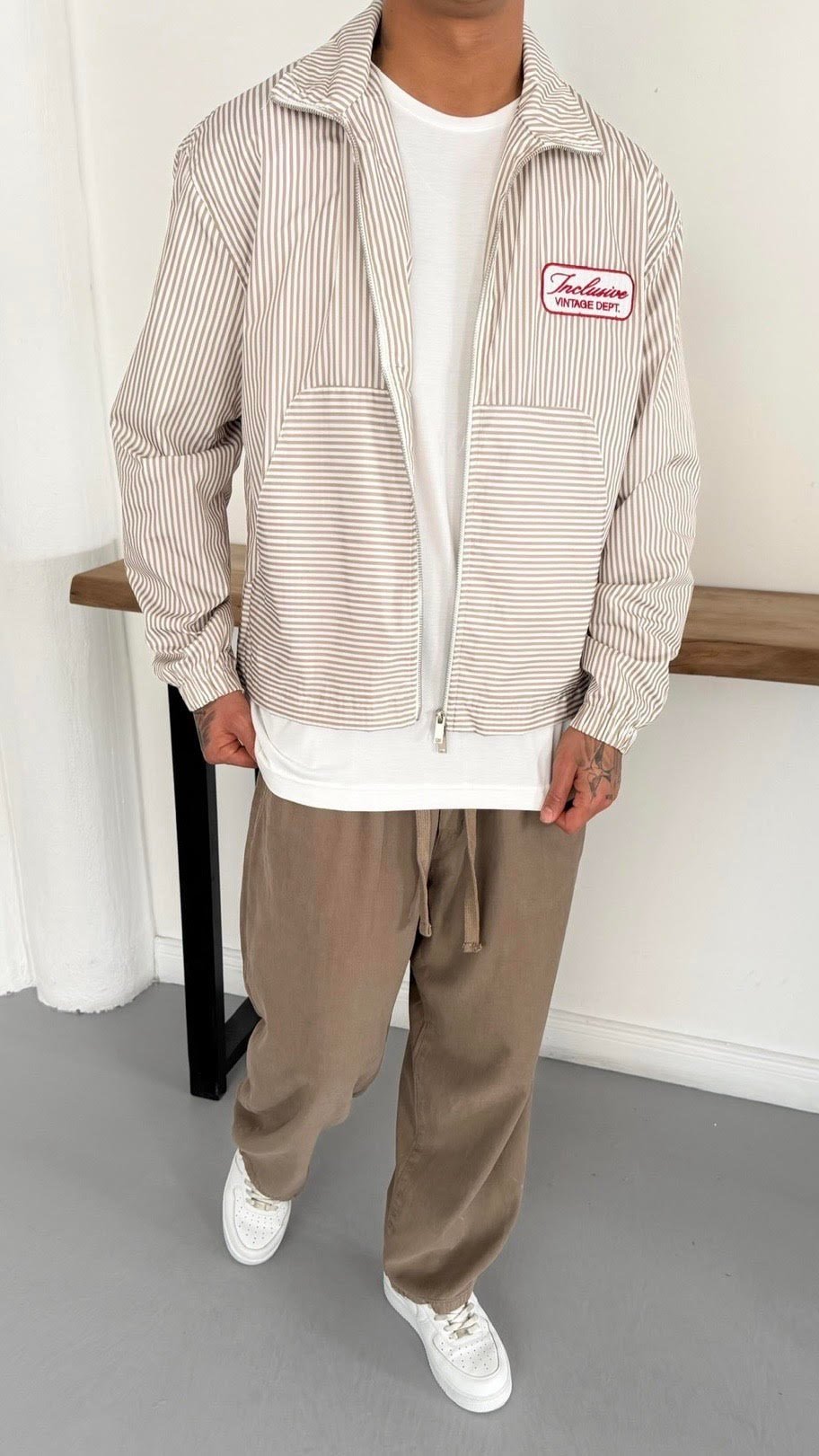 Çizgili Çift Fermuarlı Oversize Ceket