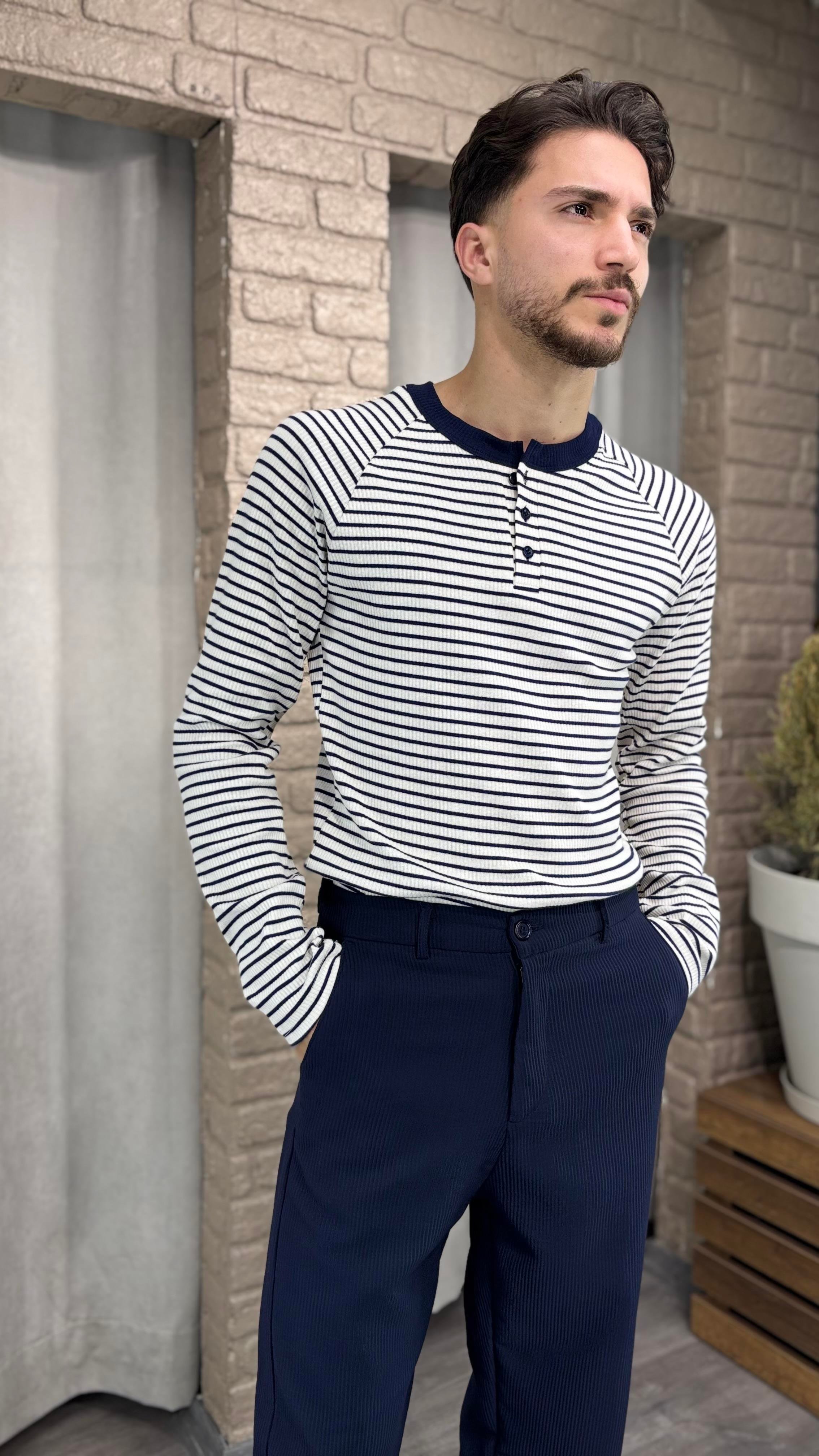 Düğmeli Pamuk Çizgili İnce Sweatshirt