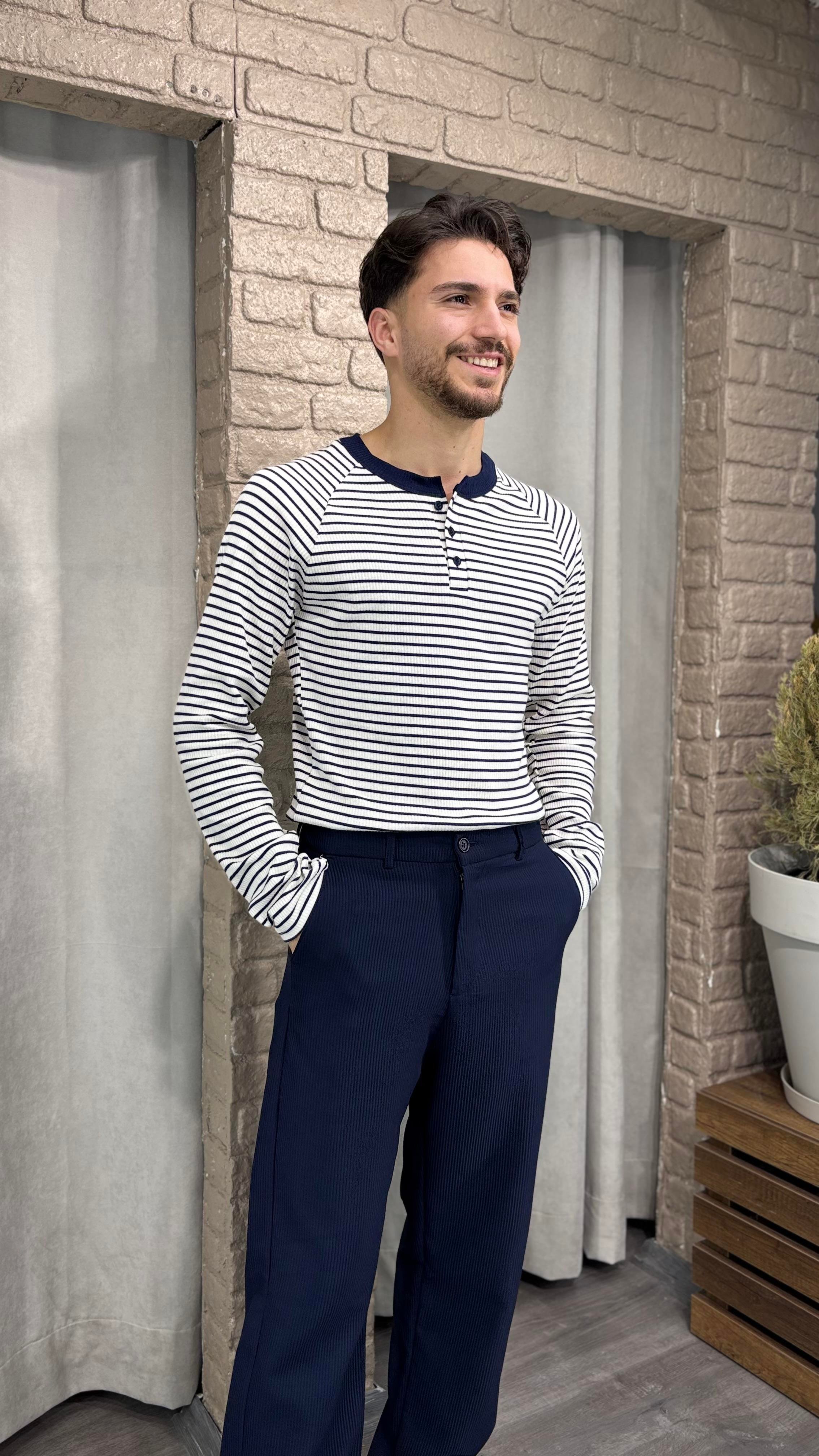 Düğmeli Pamuk Çizgili İnce Sweatshirt