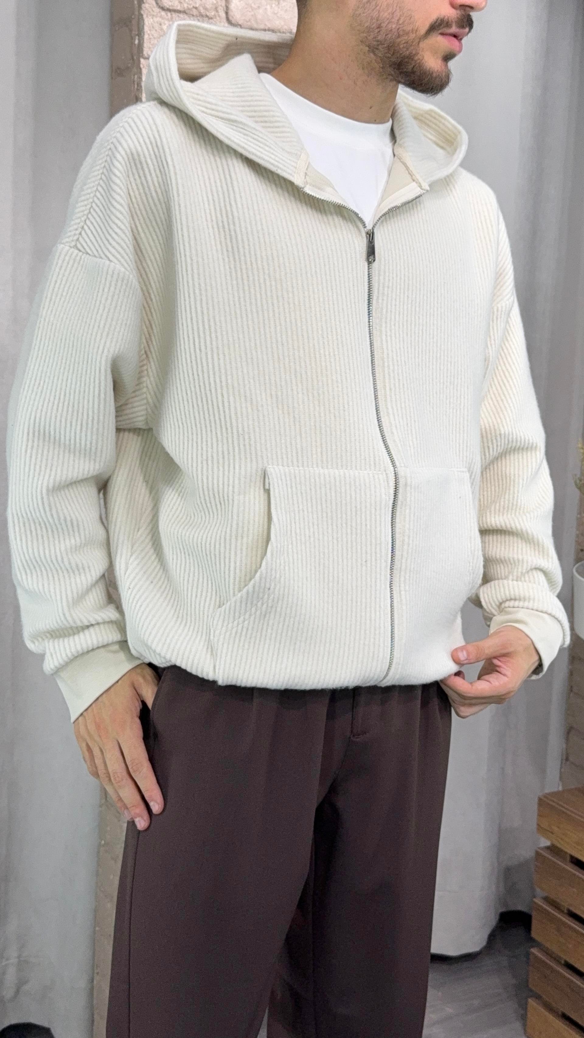 Kapüşonlu Krem Fermuarlı Selanik Kumaş Sweatshirt