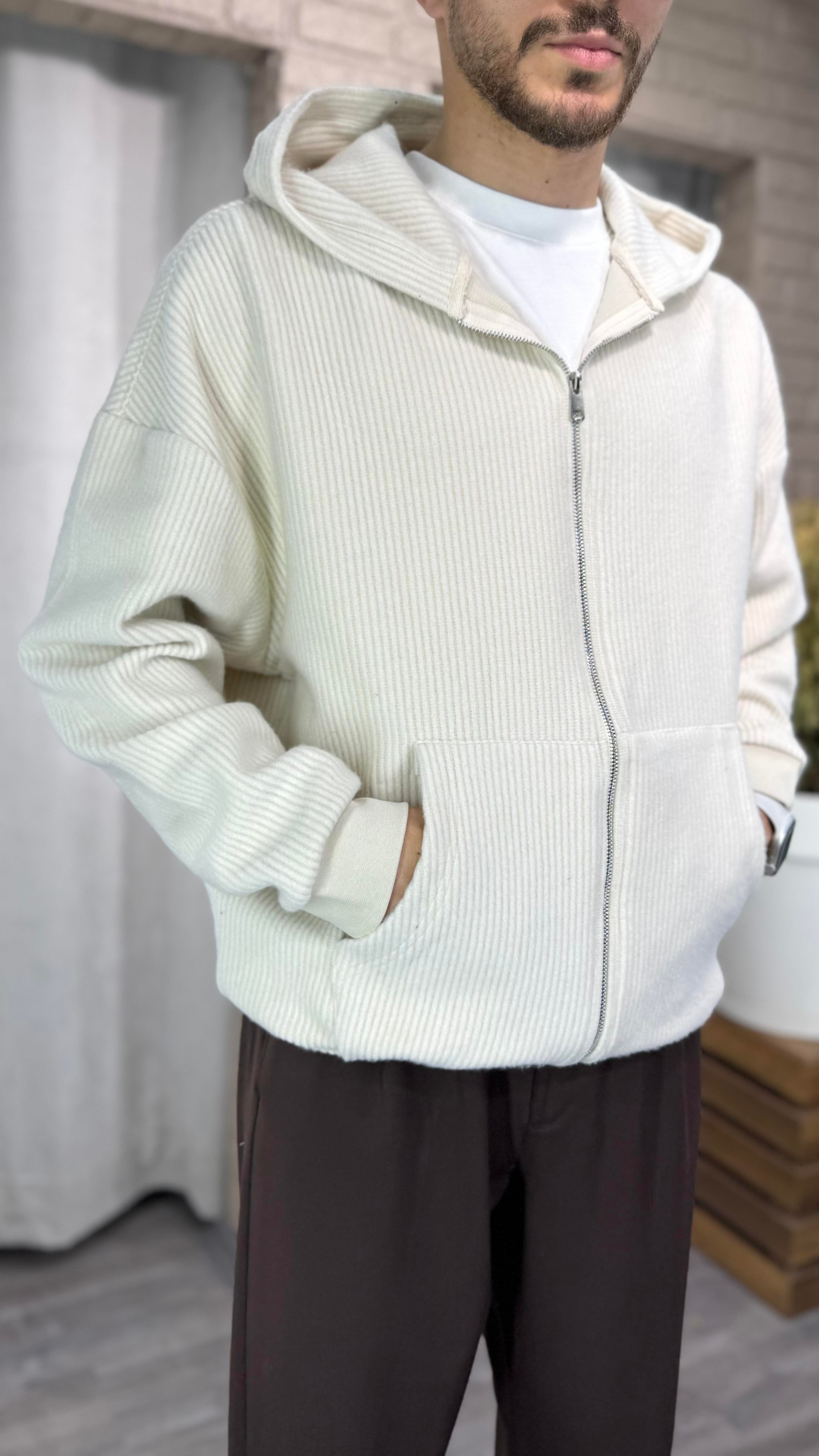 Kapüşonlu Krem Fermuarlı Selanik Kumaş Sweatshirt