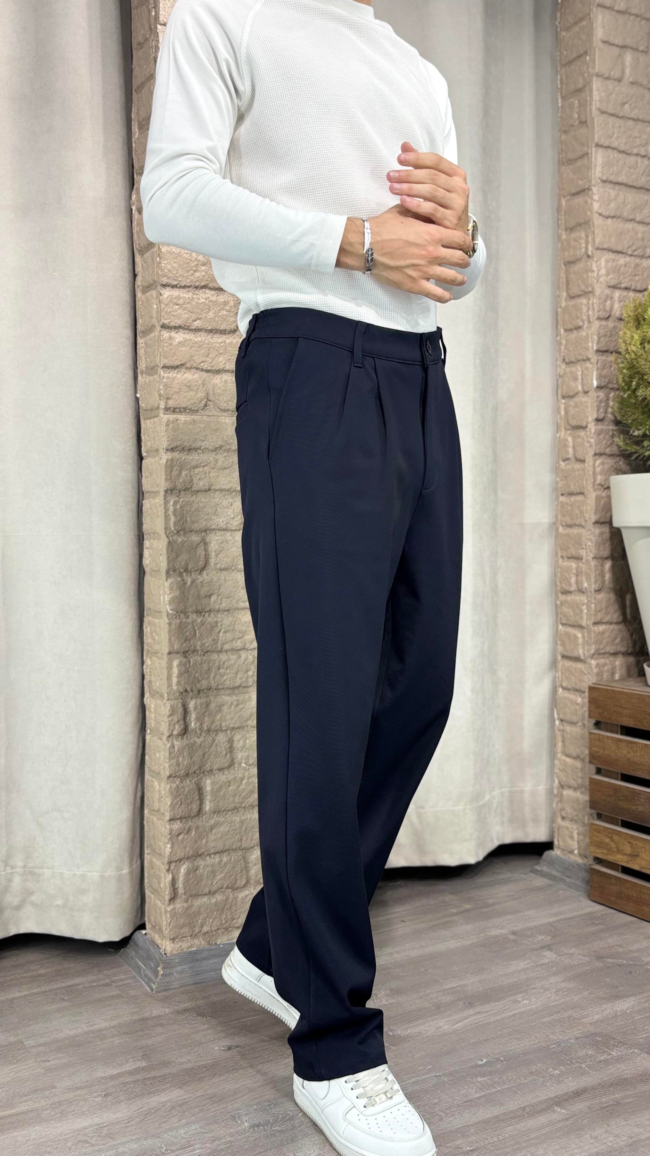 Koyu Lacivert Baggy Kemerli Pantolon