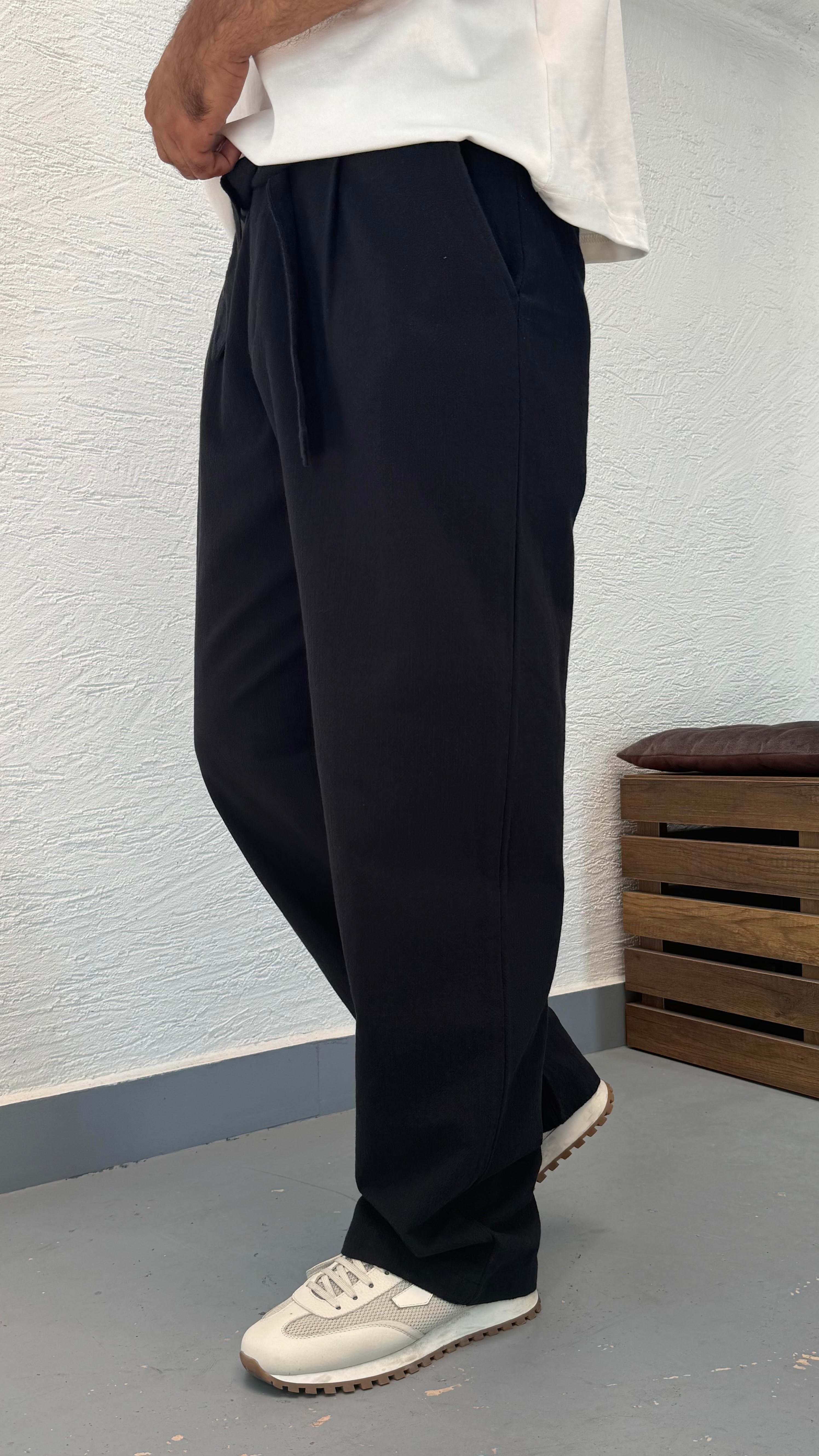 Kuşak Detay Pamuk Keten Baggy Pantolon
