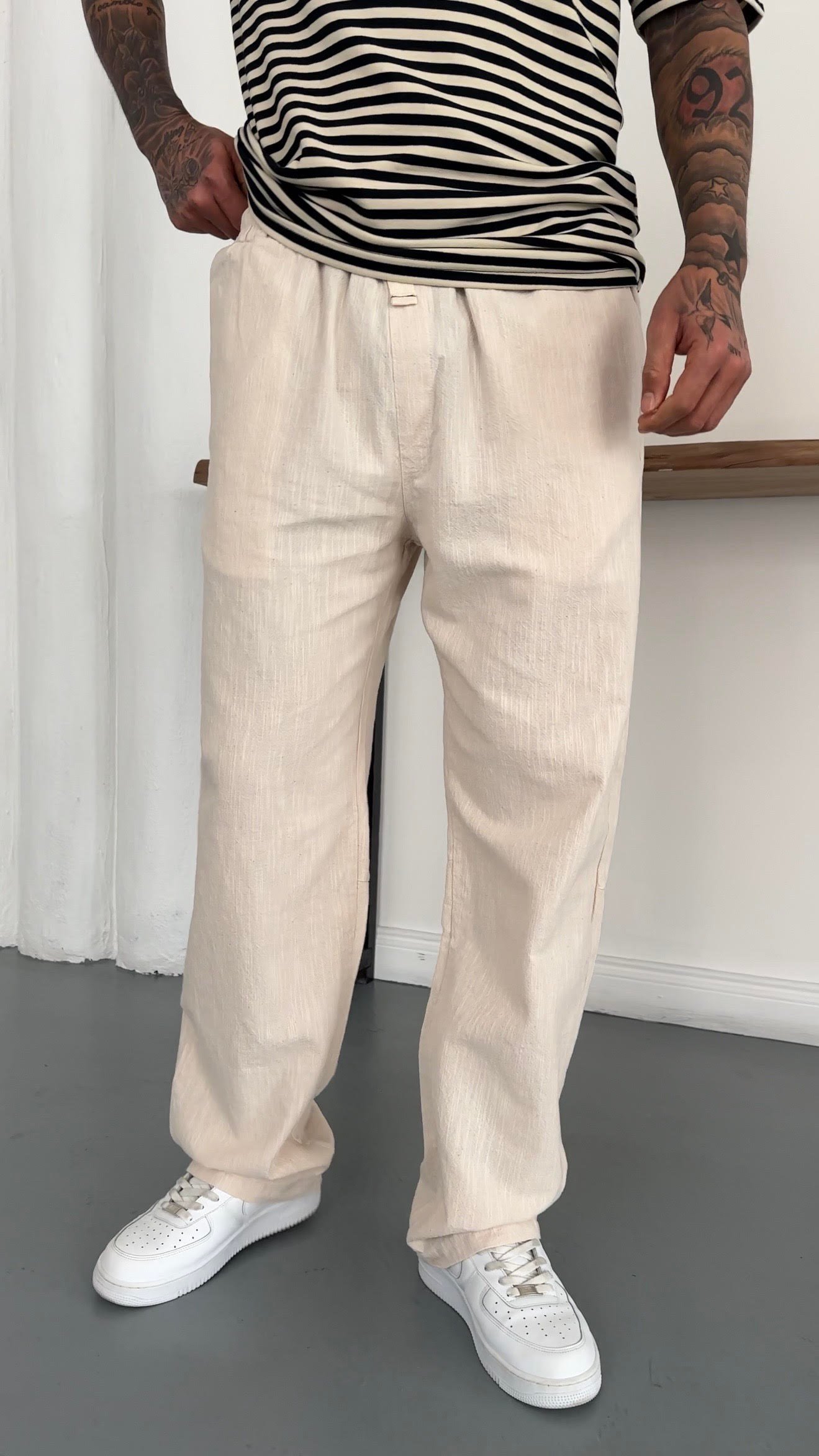 Nakış Detay Pamuk Keten Baggy Pantolon