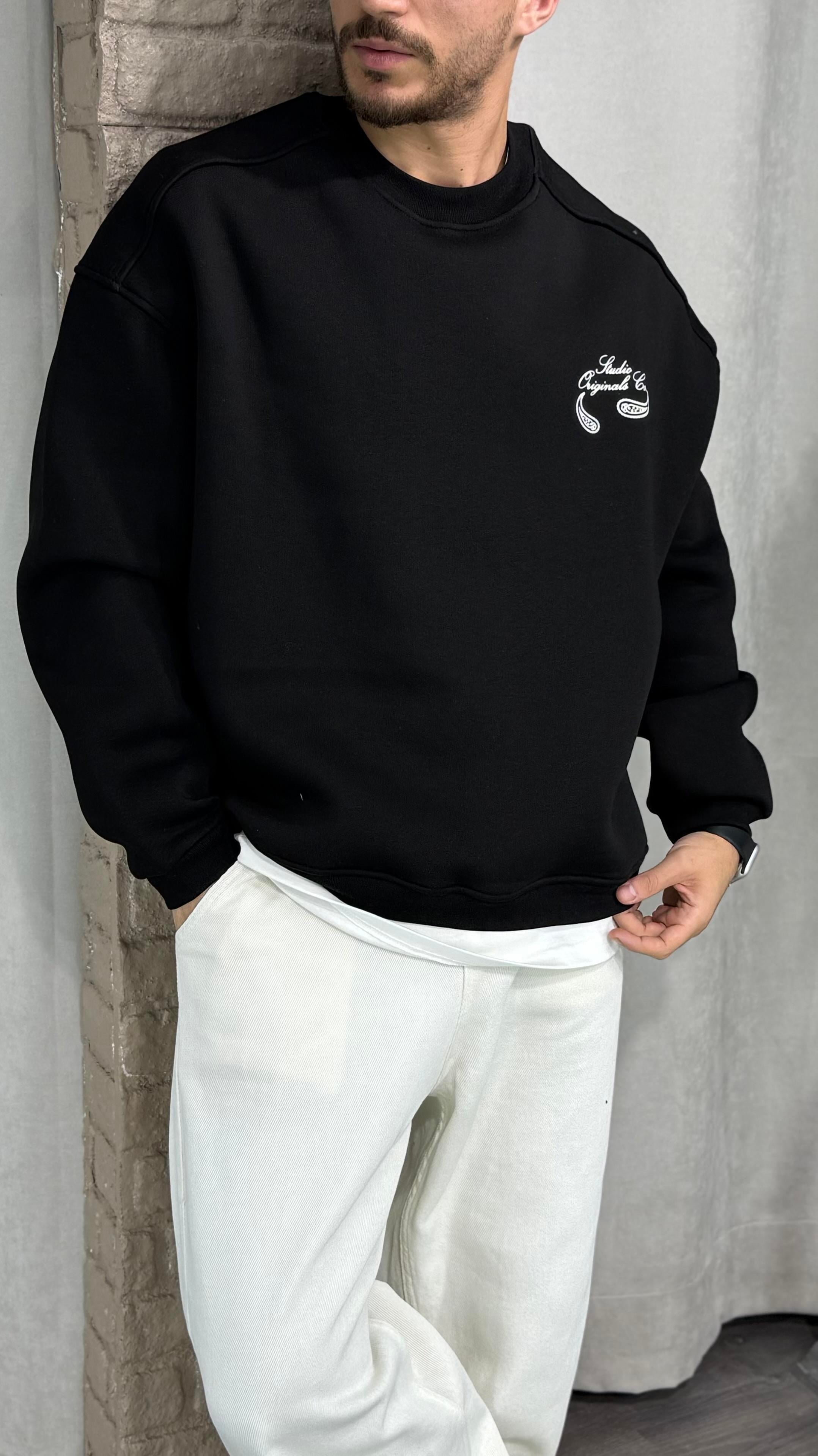 Oversize Bisiklet Yaka Baskılı Sweatshirt