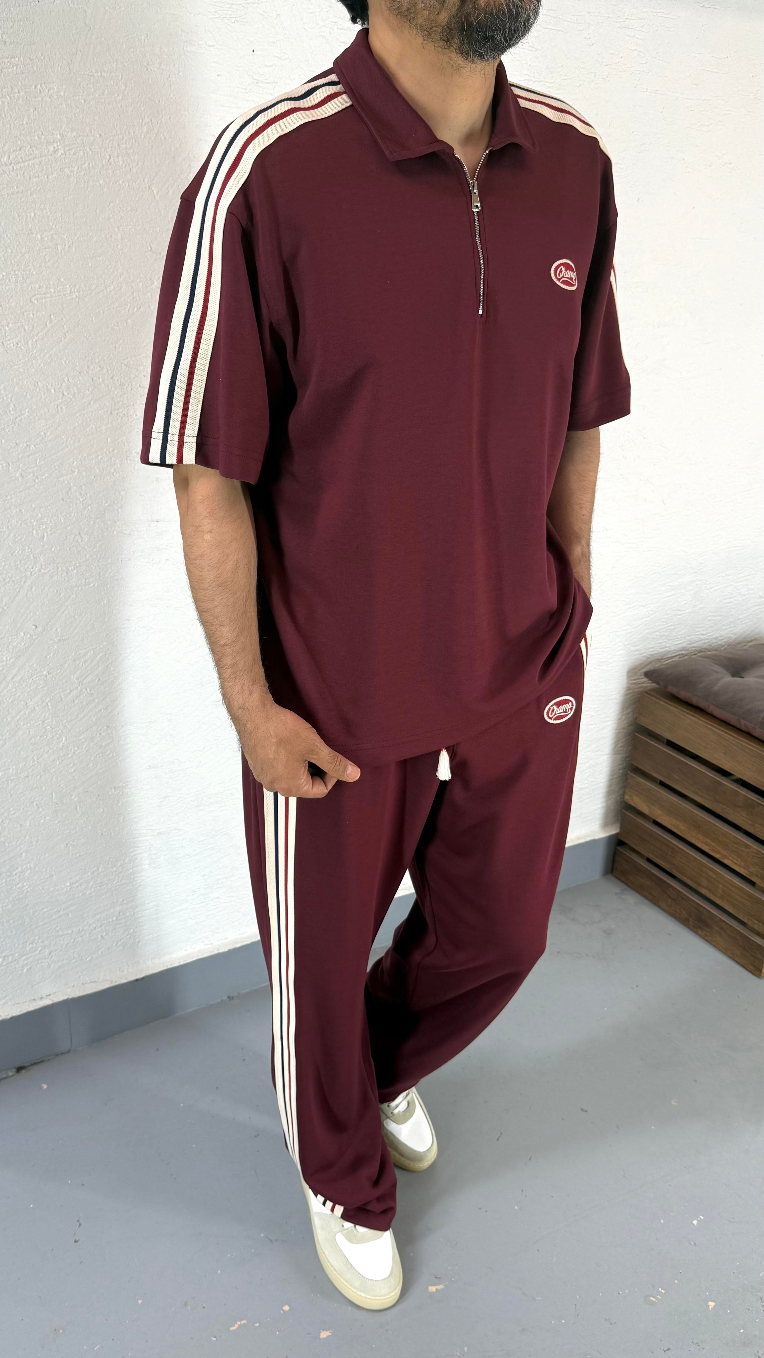 Oversize Fermuarlı Polo Yaka TShirt ve Baggy Eşofman Şerit Detay