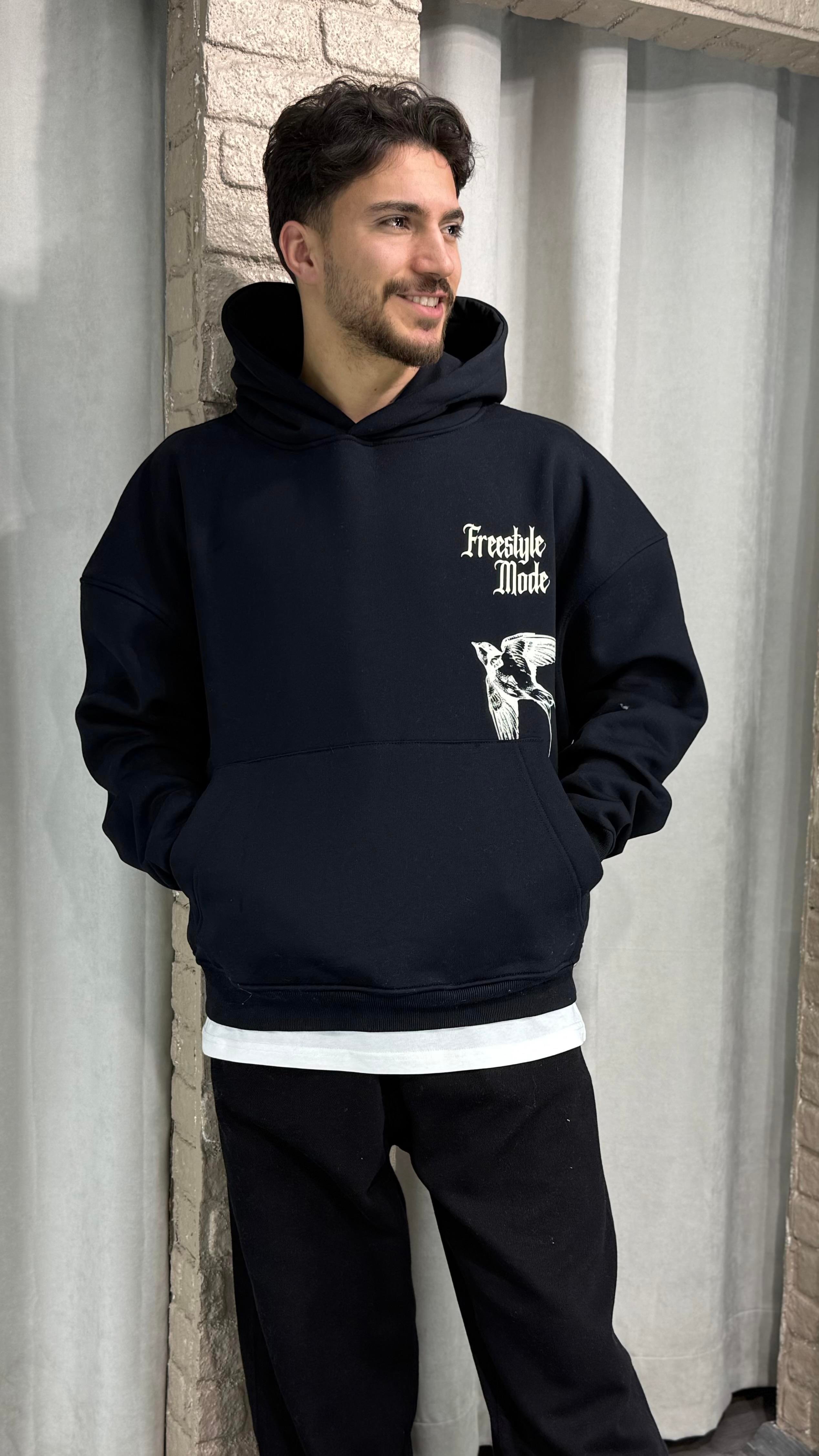 Oversize Kapüşonlu Şardonlu Baskılı Sweatshirt