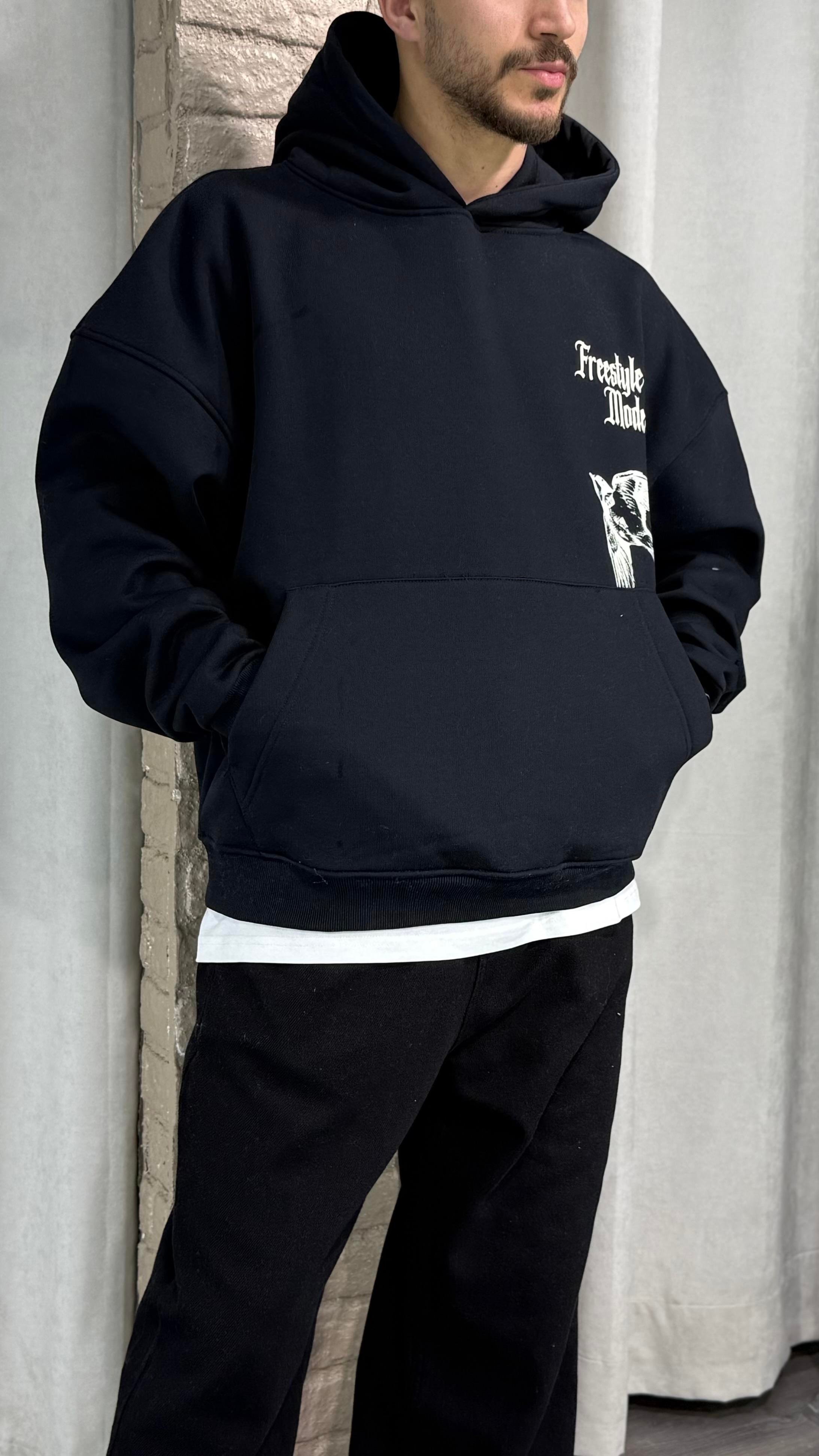 Oversize Kapüşonlu Şardonlu Baskılı Sweatshirt