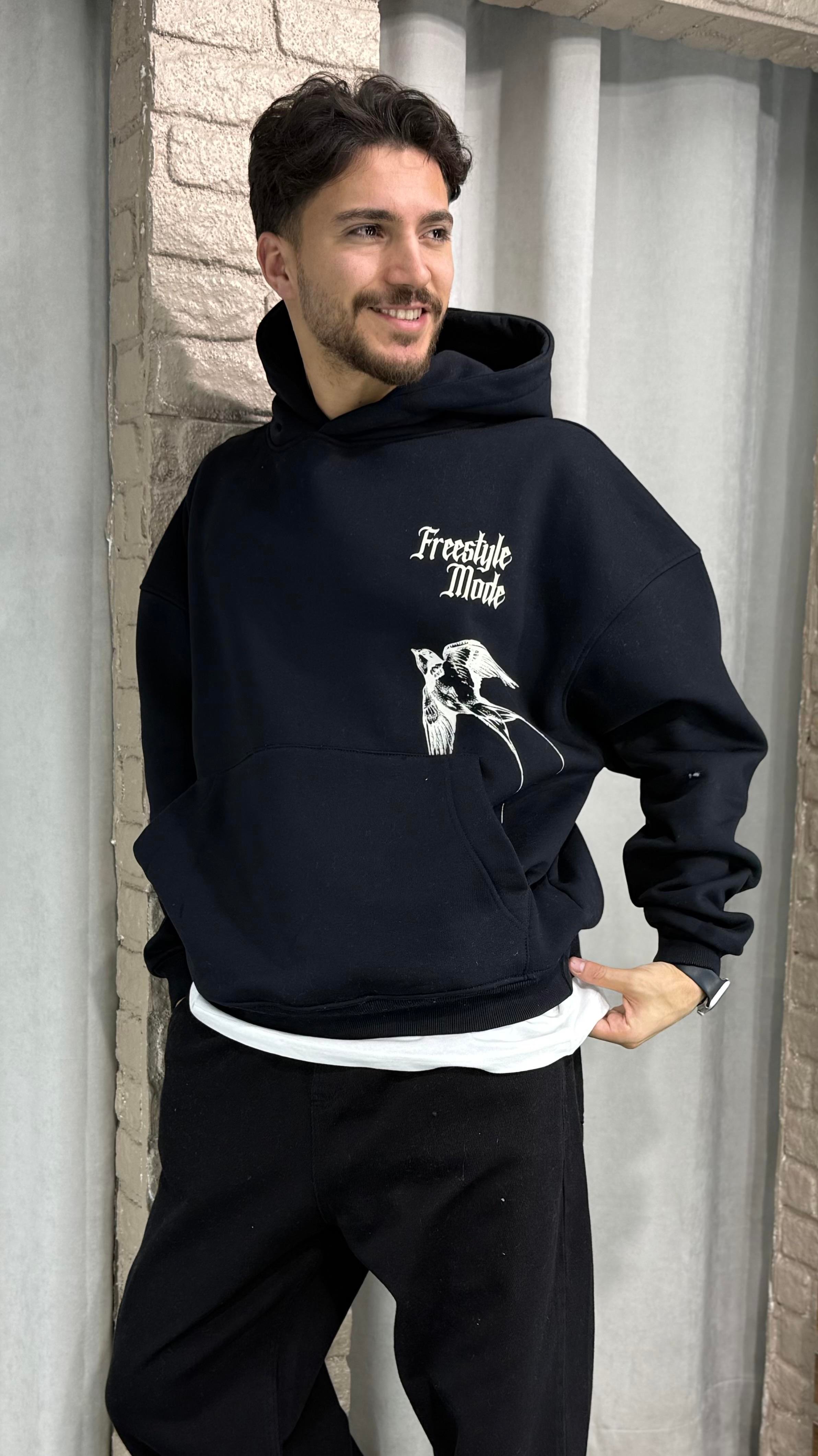Oversize Kapüşonlu Şardonlu Baskılı Sweatshirt