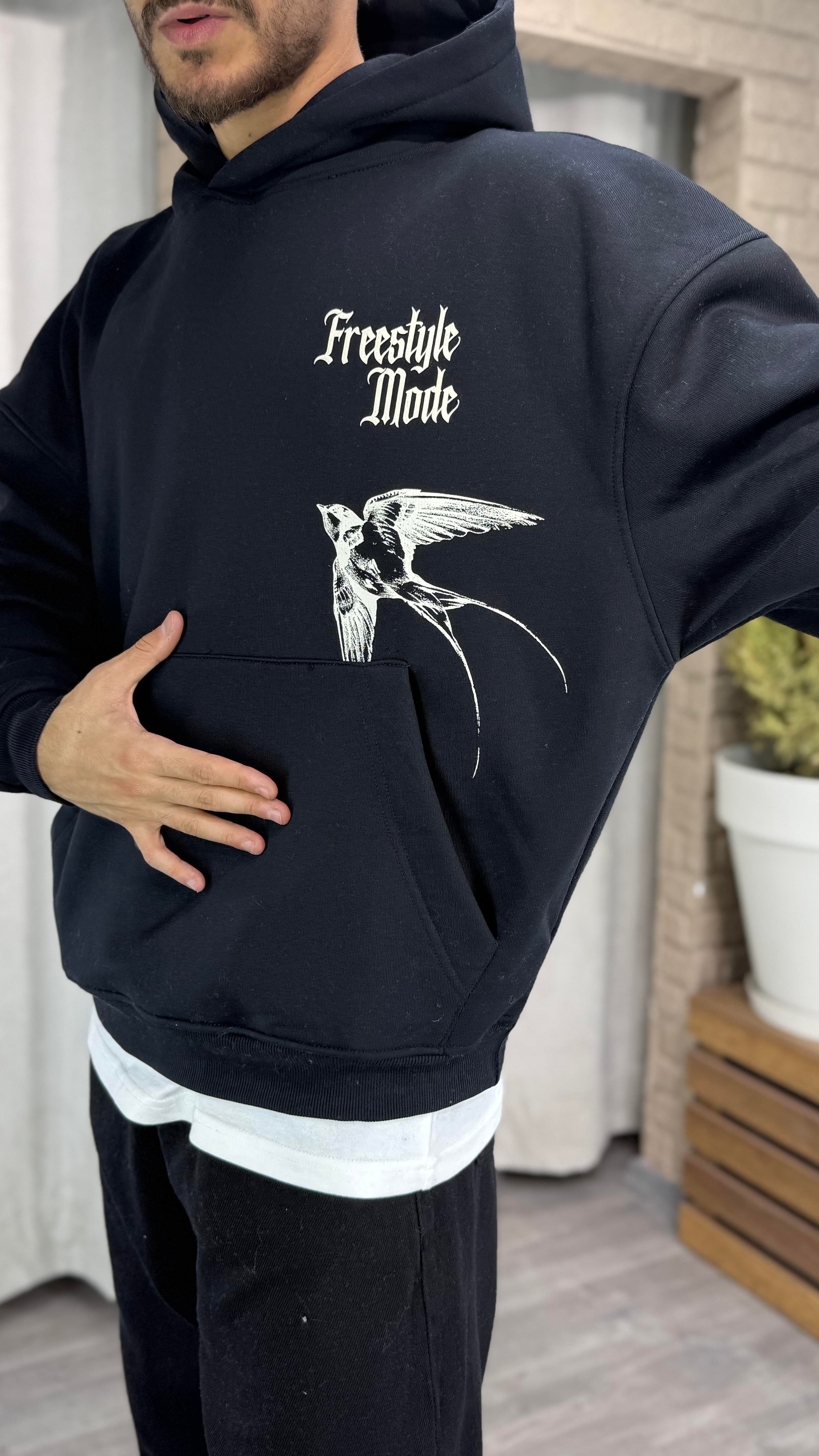 Oversize Kapüşonlu Şardonlu Baskılı Sweatshirt